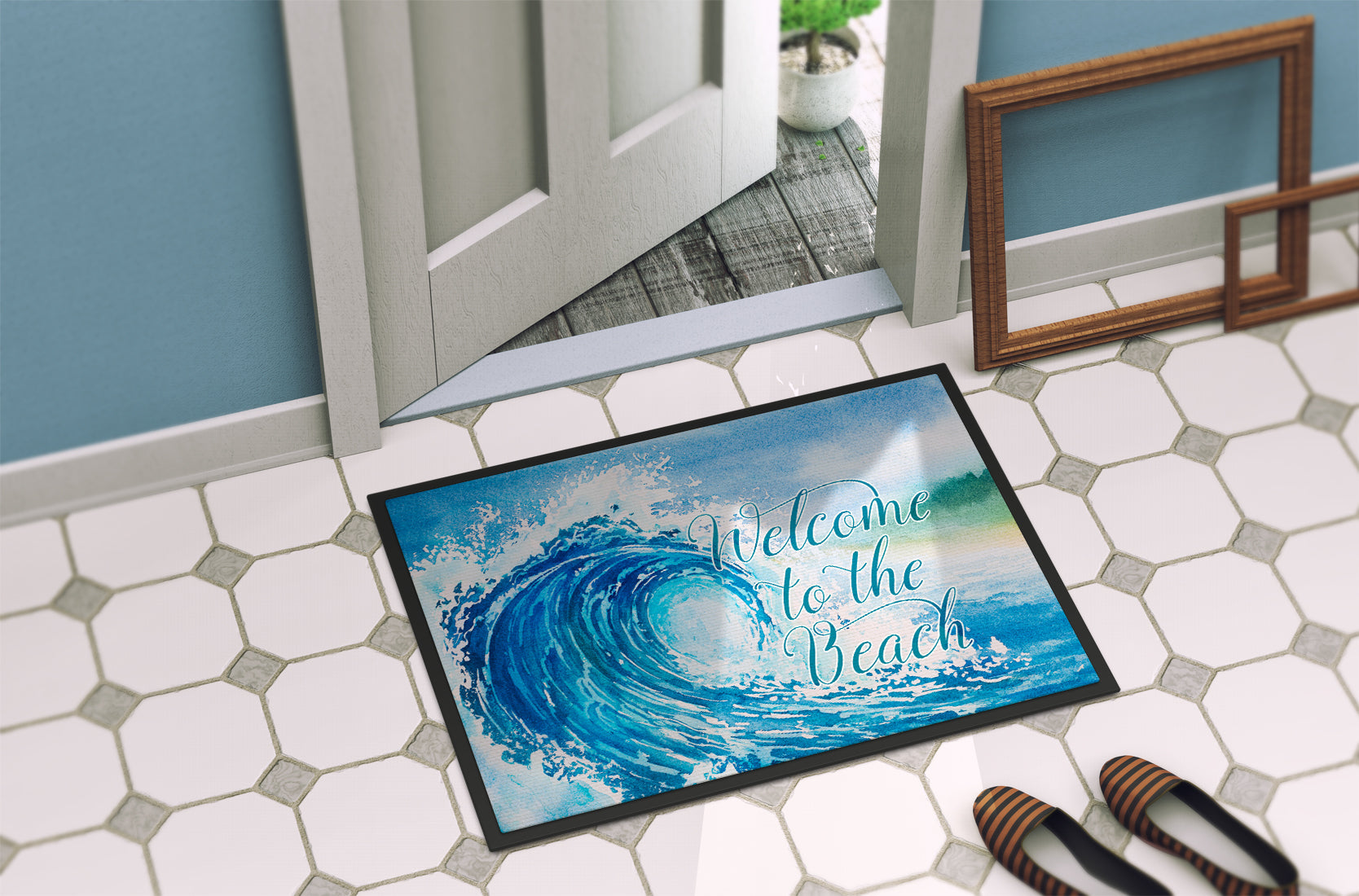 Wave Welcome Doormat Indoor Outdoor 24H X 36W Front Door Mat Rugs for Entryway, Non Slip Washable Low Pile,