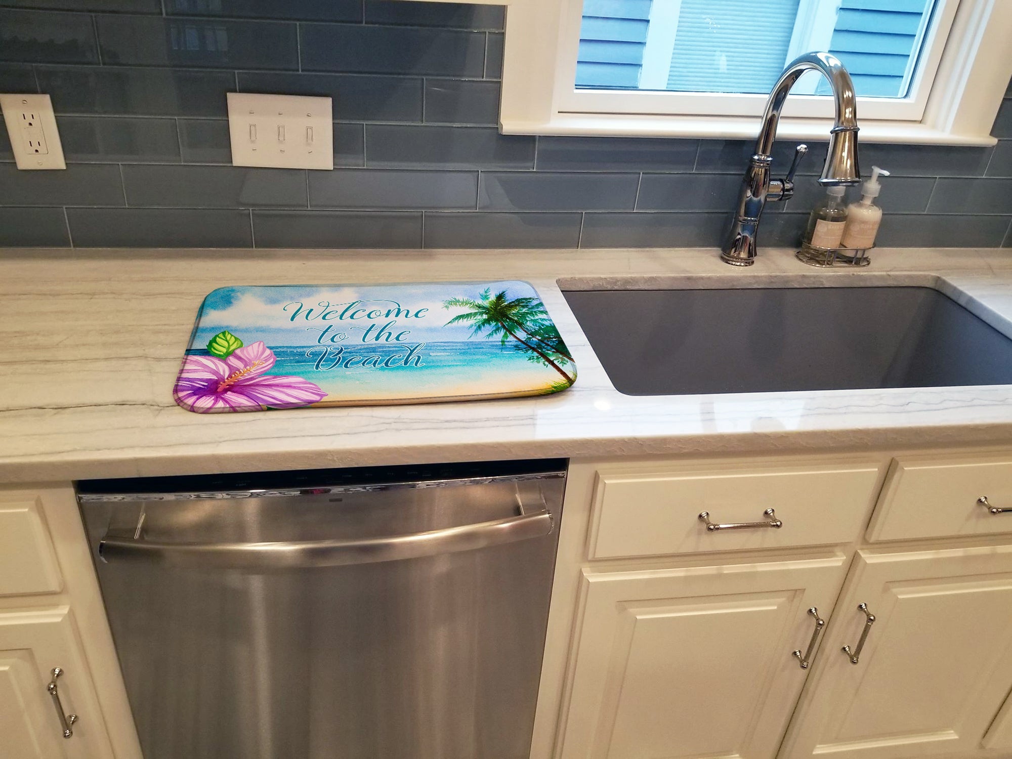 Beach Scene Welcome Dish Drying Mat Absorbent Dish Drying Mat Pad for Kitchen Counter Dish Drainer Mat for Countertop, 14 x 21", Multicolor