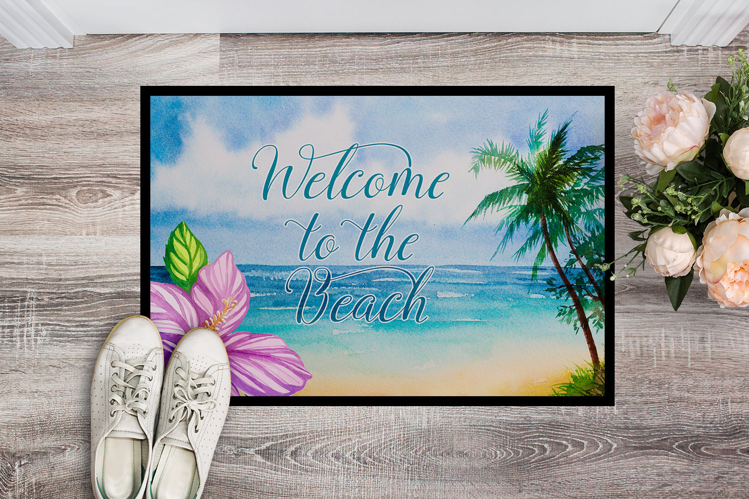 Beach Scene Welcome Doormat Indoor Outdoor 24H X 36W Front Door Mat Rugs for Entryway, Non Slip Washable Low Pile,