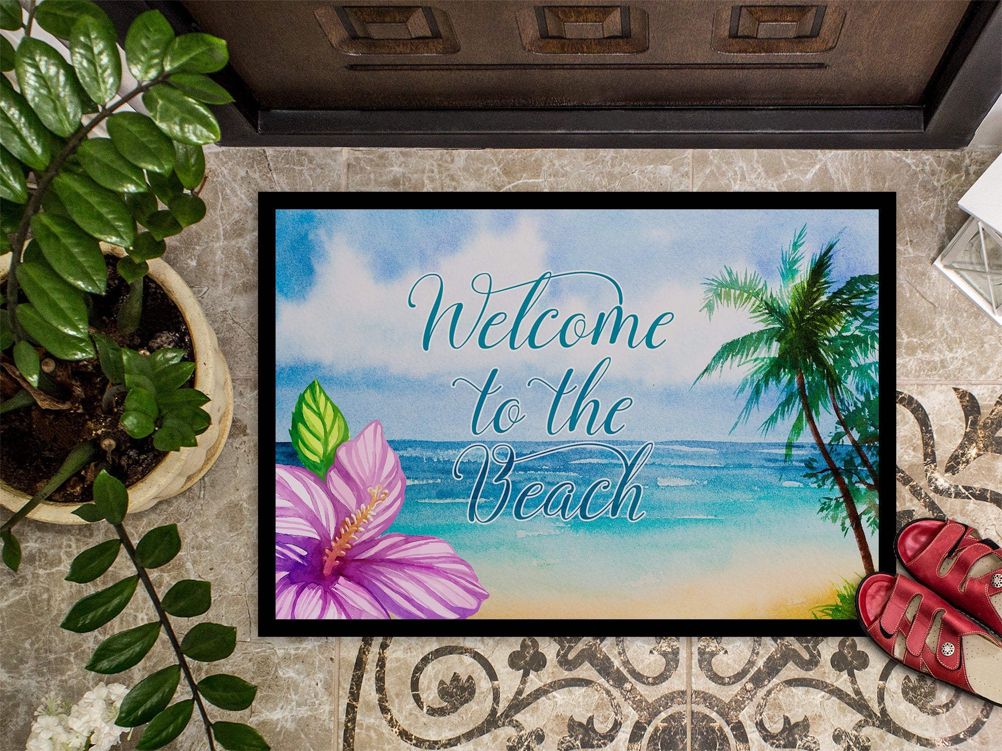 Beach Scene Welcome Doormat Indoor Outdoor 24H X 36W Front Door Mat Rugs for Entryway, Non Slip Washable Low Pile,