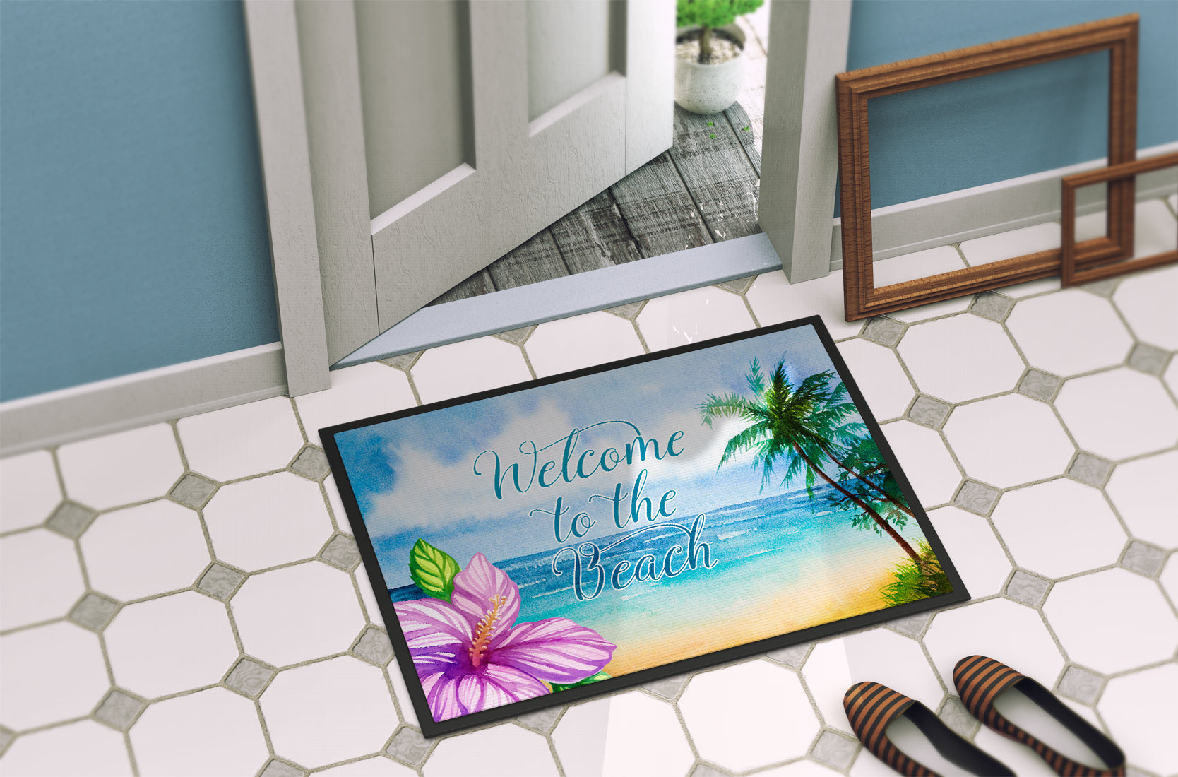 Beach Scene Welcome Doormat Indoor Outdoor 24H X 36W Front Door Mat Rugs for Entryway, Non Slip Washable Low Pile,
