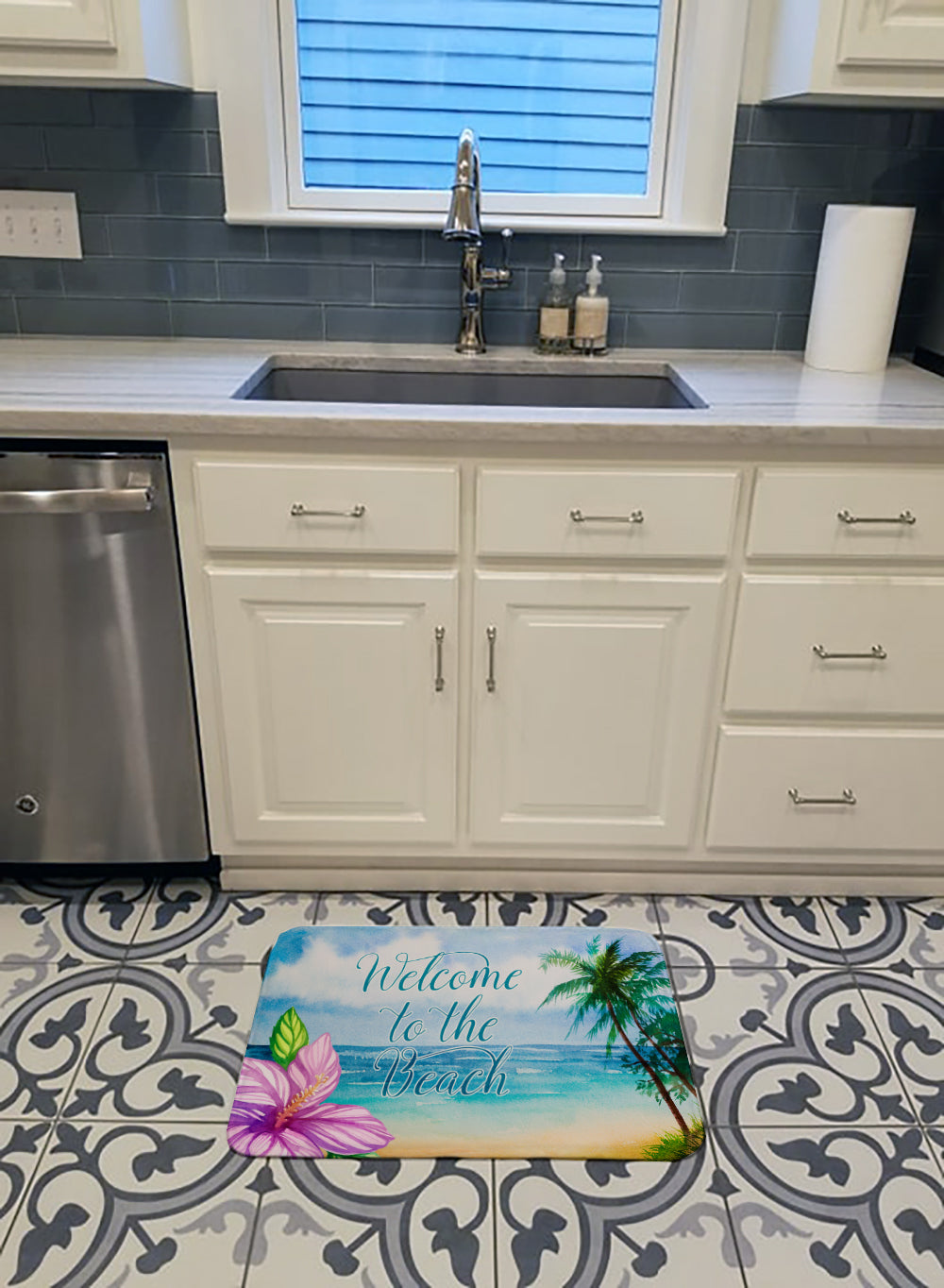 Beach Scene Welcome Memory Foam Kitchen Mat Machine Washable Anti-Fatigue Cushion Comfort Bath or Kitchen Rug