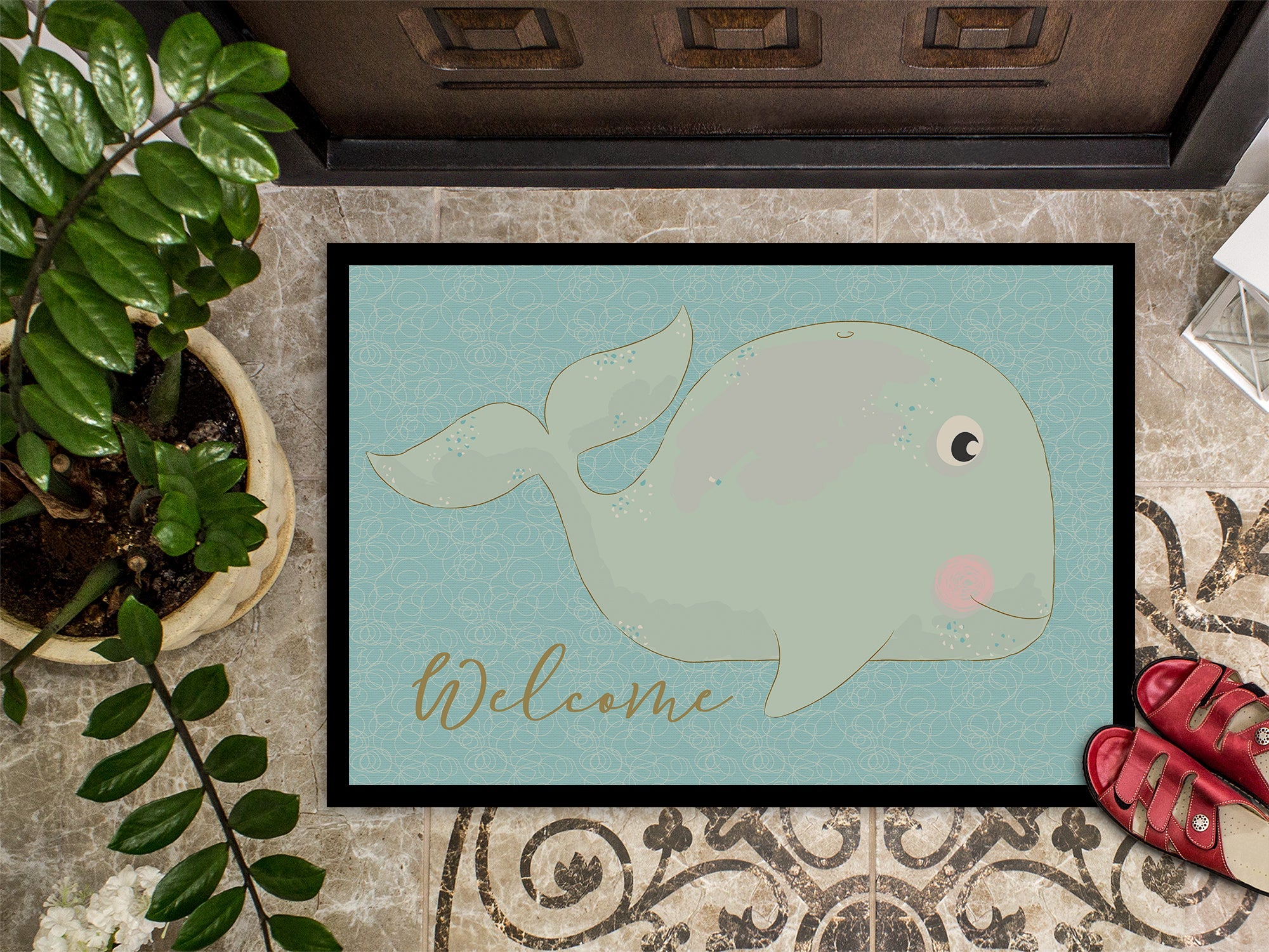 Whale Welcome Doormat Indoor Outdoor 24H X 36W Front Door Mat Rugs for Entryway, Non Slip Washable Low Pile,