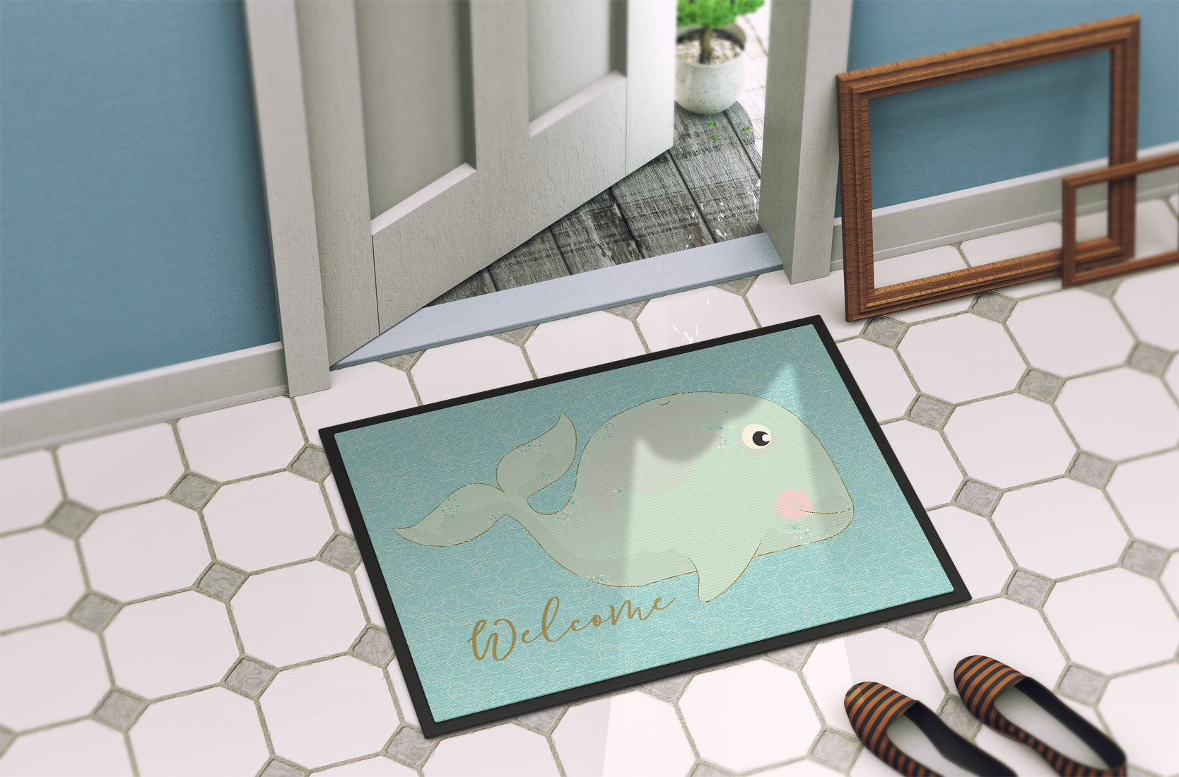 Whale Welcome Doormat Indoor Outdoor 18H X 27W Front Door Mat Rugs for Entryway, Non Slip Washable