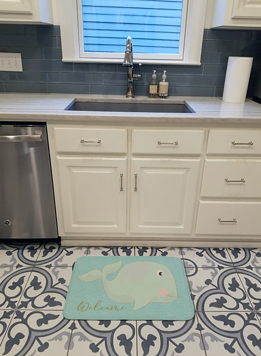 Whale Welcome Memory Foam Kitchen Mat Machine Washable Anti-Fatigue Cushion Comfort Bath or Kitchen Rug