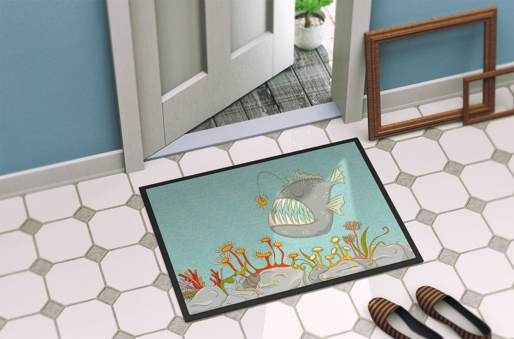 Frog Fish Scene Doormat Indoor Outdoor 24H X 36W Front Door Mat Rugs for Entryway, Non Slip Washable Low Pile,