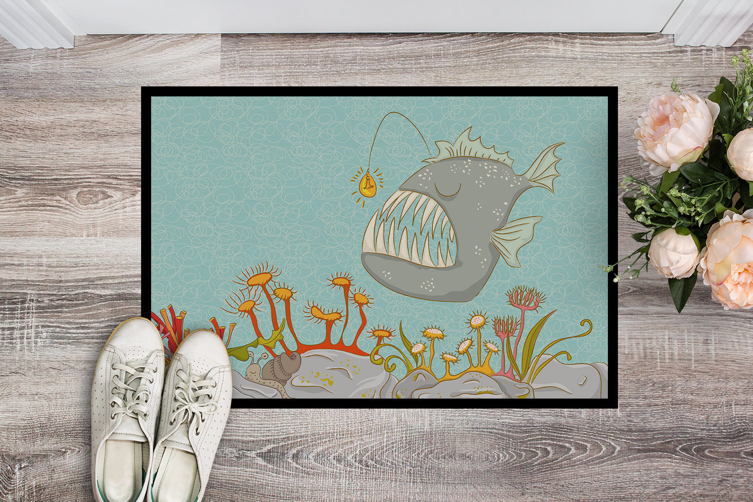 Frog Fish Scene Doormat Indoor Outdoor 18H X 27W Front Door Mat Rugs for Entryway, Non Slip Washable
