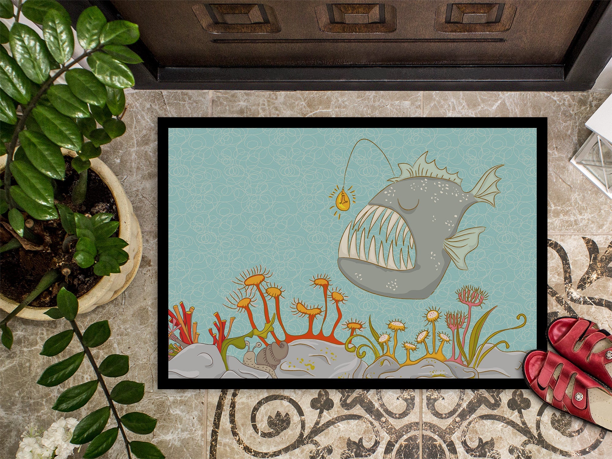 Frog Fish Scene Doormat Indoor Outdoor 18H X 27W Front Door Mat Rugs for Entryway, Non Slip Washable