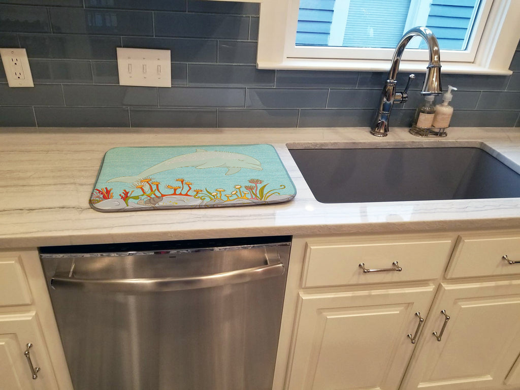 Dolphin Underwater Scene Dish Drying Mat Absorbent Dish Drying Mat Pad for Kitchen Counter Dish Drainer Mat for Countertop, 14 x 21", Multicolor