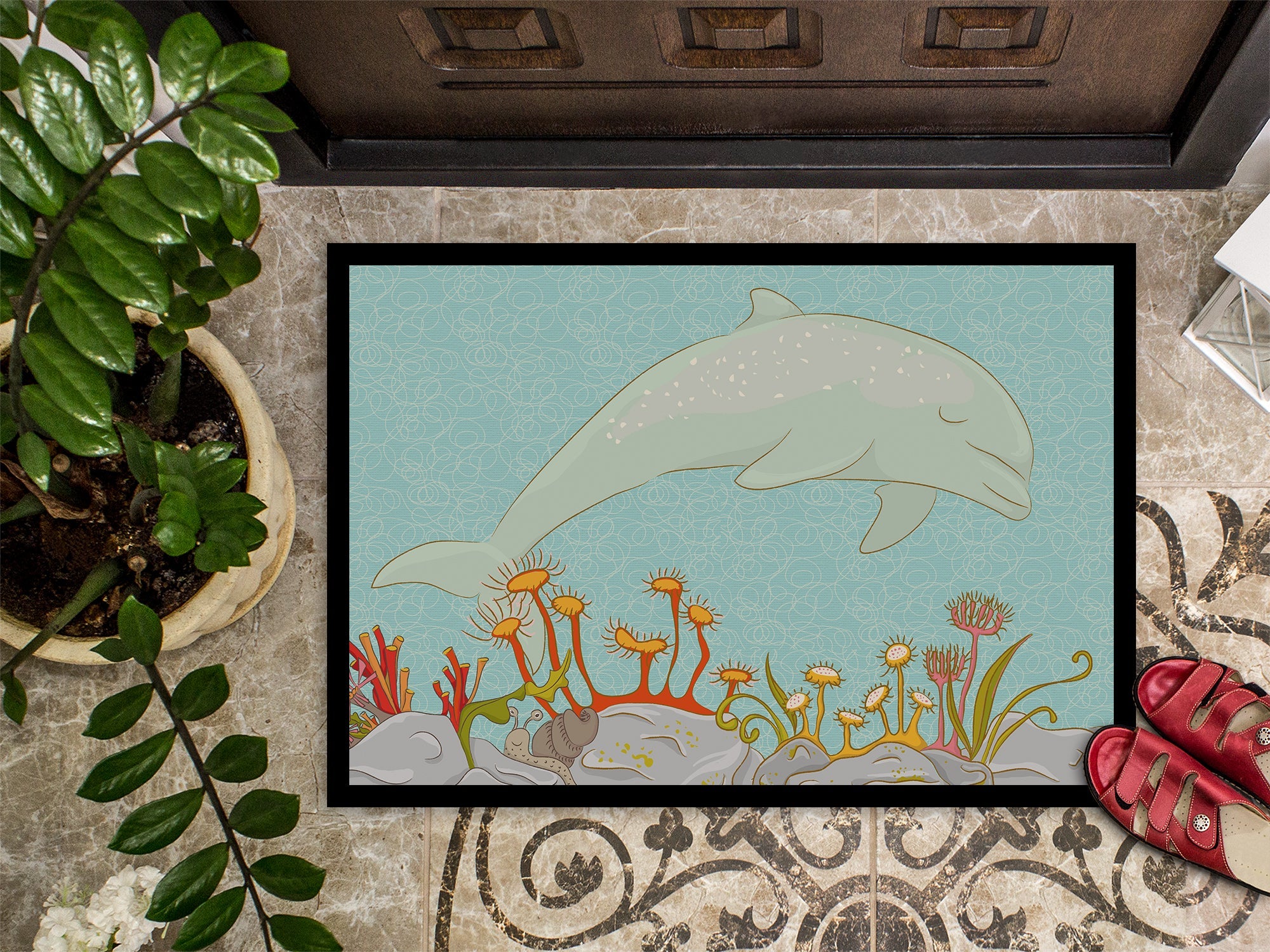 Dolphin Underwater Scene Doormat Indoor Outdoor 18H X 27W Front Door Mat Rugs for Entryway, Non Slip Washable