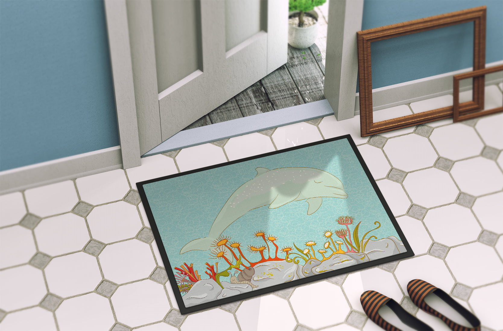 Dolphin Underwater Scene Doormat Indoor Outdoor 18H X 27W Front Door Mat Rugs for Entryway, Non Slip Washable