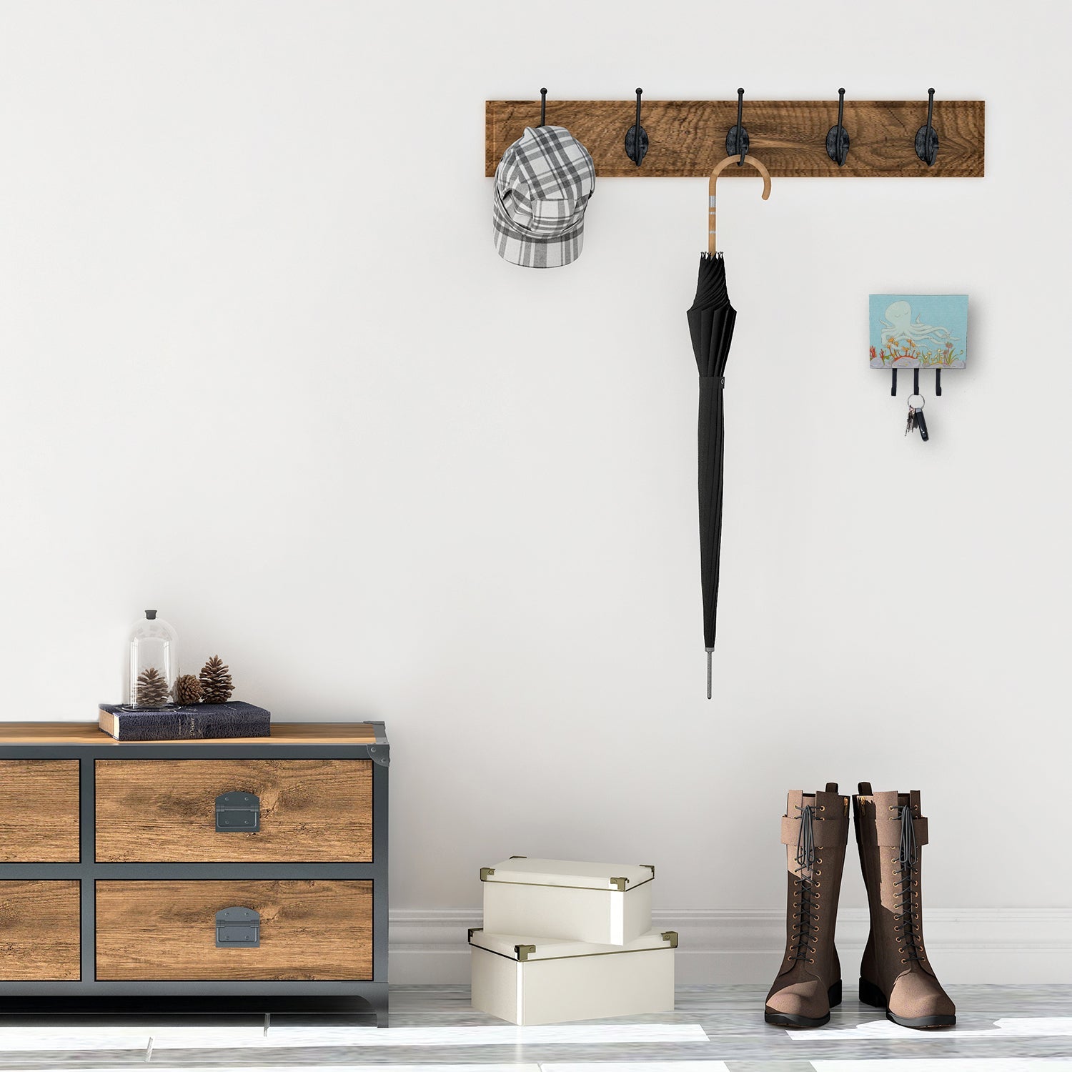 Octopus Underwater Scene Leash or Key Holder Wall Hooks, Coat Rack Wall Mount, for Hanging Keys, Towels, Aprons, Leashes
