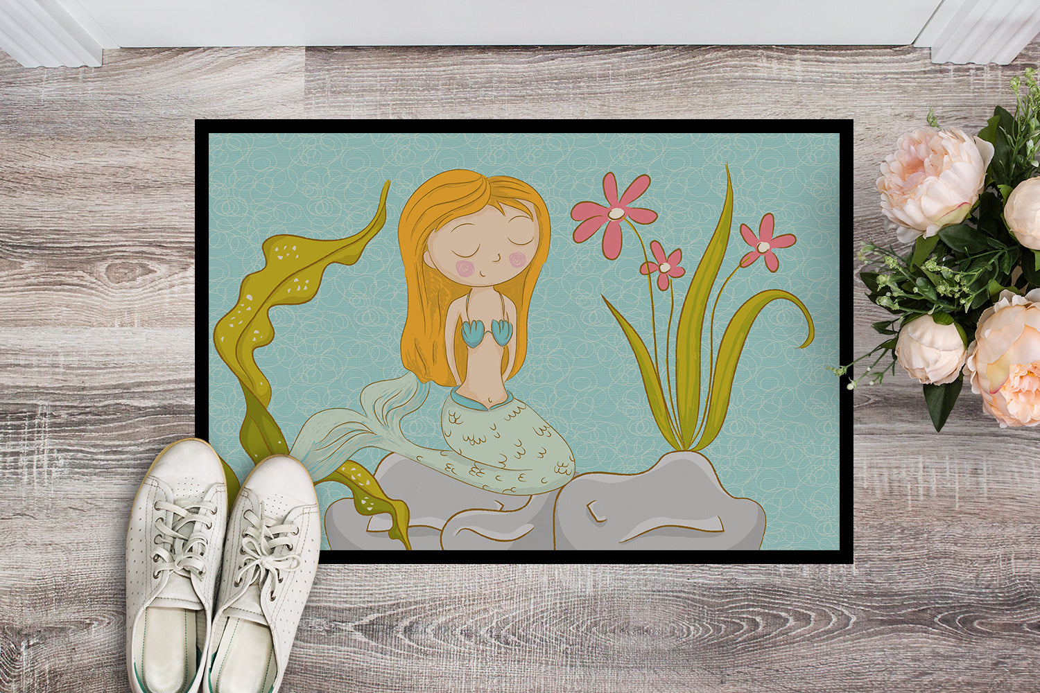 Mermaid Underwater Scene Doormat Indoor Outdoor 24H X 36W Front Door Mat Rugs for Entryway, Non Slip Washable Low Pile,