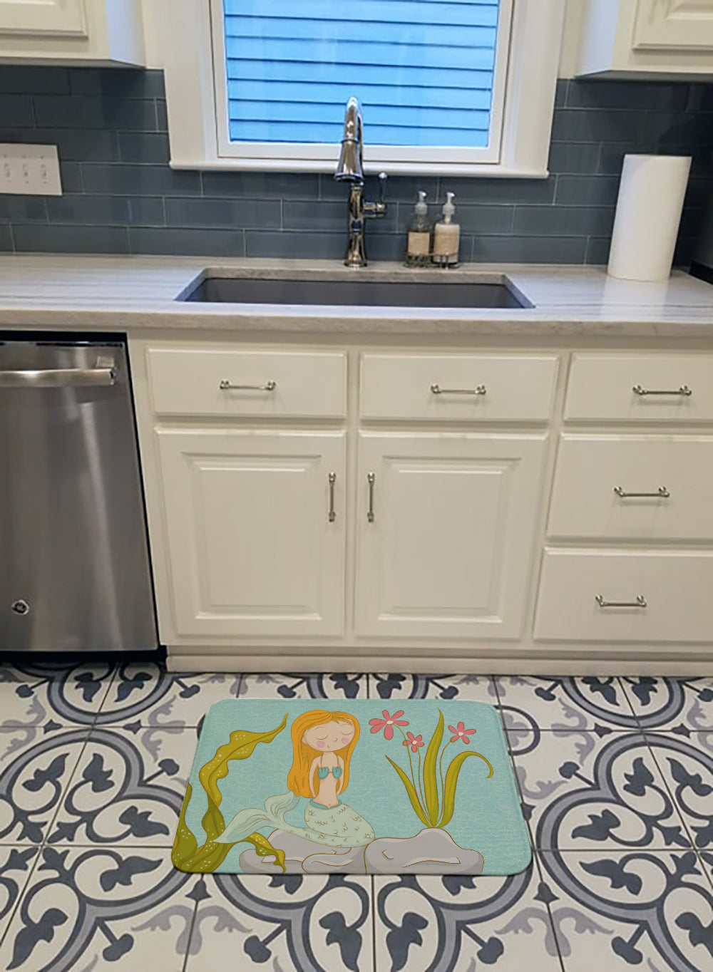 Mermaid Underwater Scene Memory Foam Kitchen Mat Machine Washable Anti-Fatigue Cushion Comfort Bath or Kitchen Rug