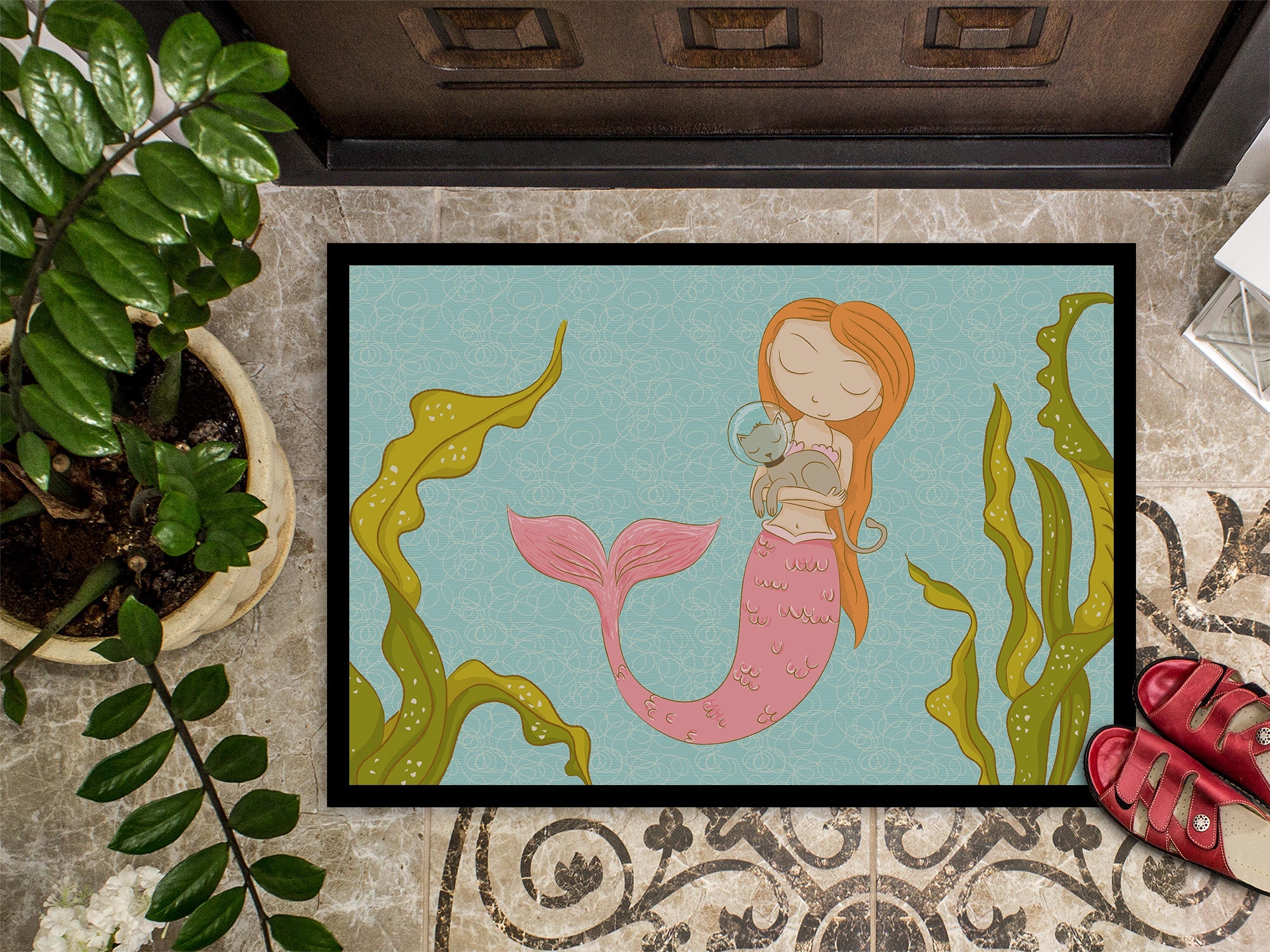 Mermaid and Cat Underwater Doormat Indoor Outdoor 18H X 27W Front Door Mat Rugs for Entryway, Non Slip Washable