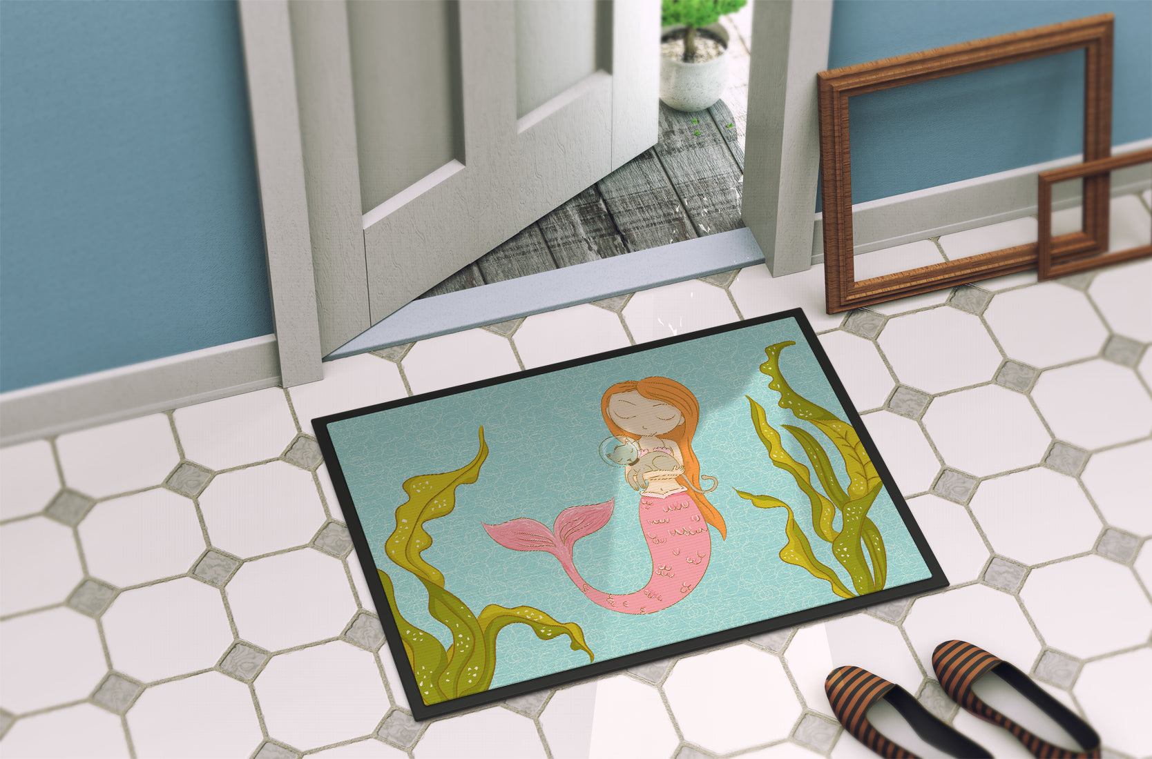 Mermaid and Cat Underwater Doormat Indoor Outdoor 18H X 27W Front Door Mat Rugs for Entryway, Non Slip Washable
