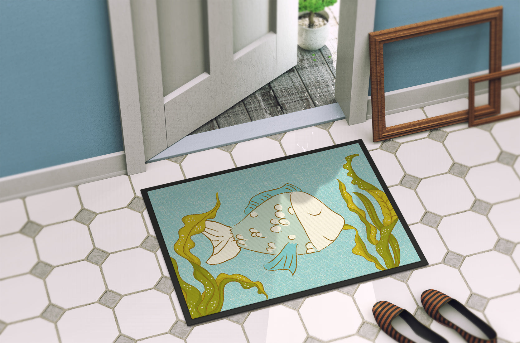 Blue Fish Doormat Indoor Outdoor 24H X 36W Front Door Mat Rugs for Entryway, Non Slip Washable Low Pile,