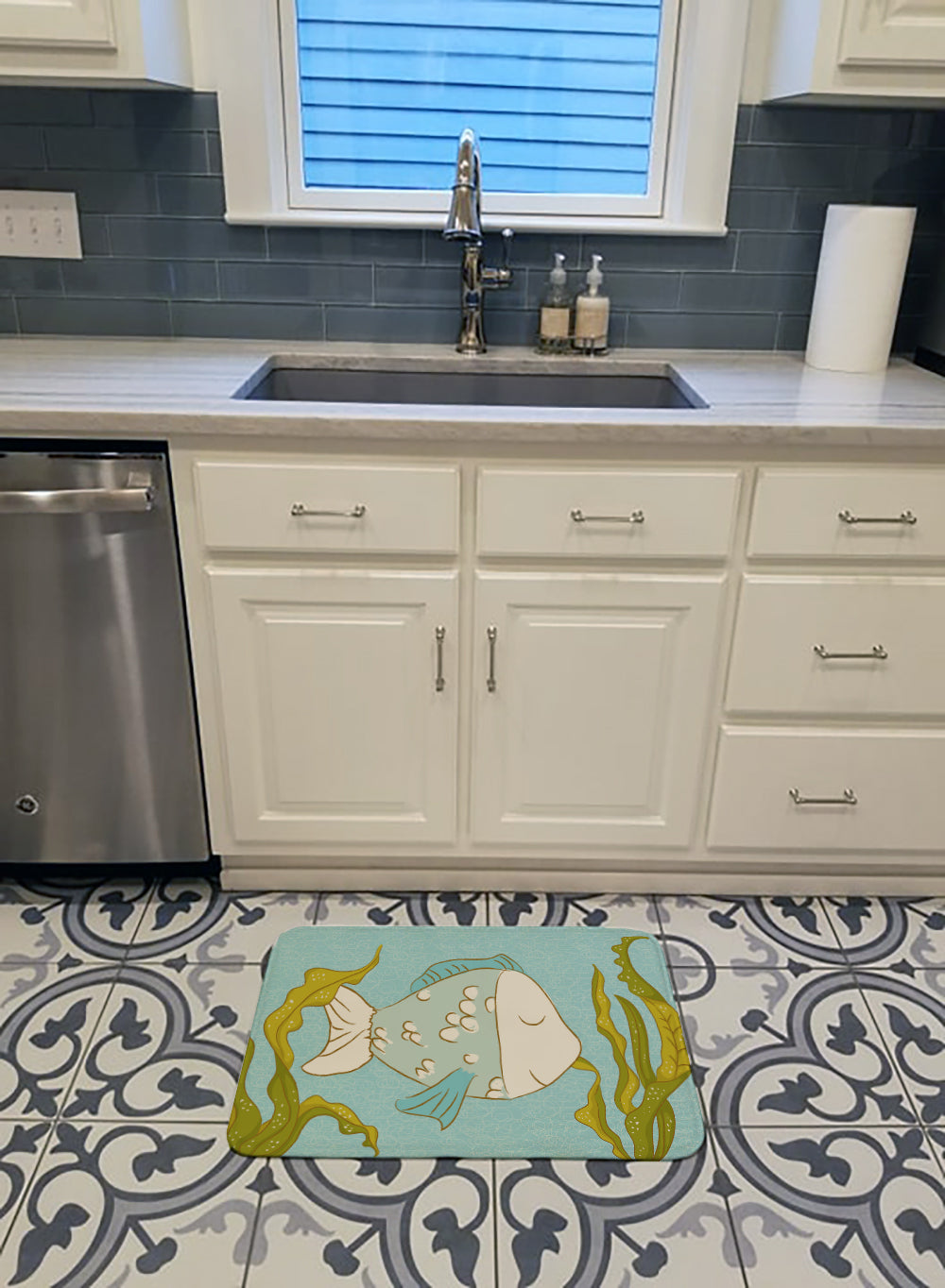 Blue Fish Memory Foam Kitchen Mat Machine Washable Anti-Fatigue Cushion Comfort Bath or Kitchen Rug