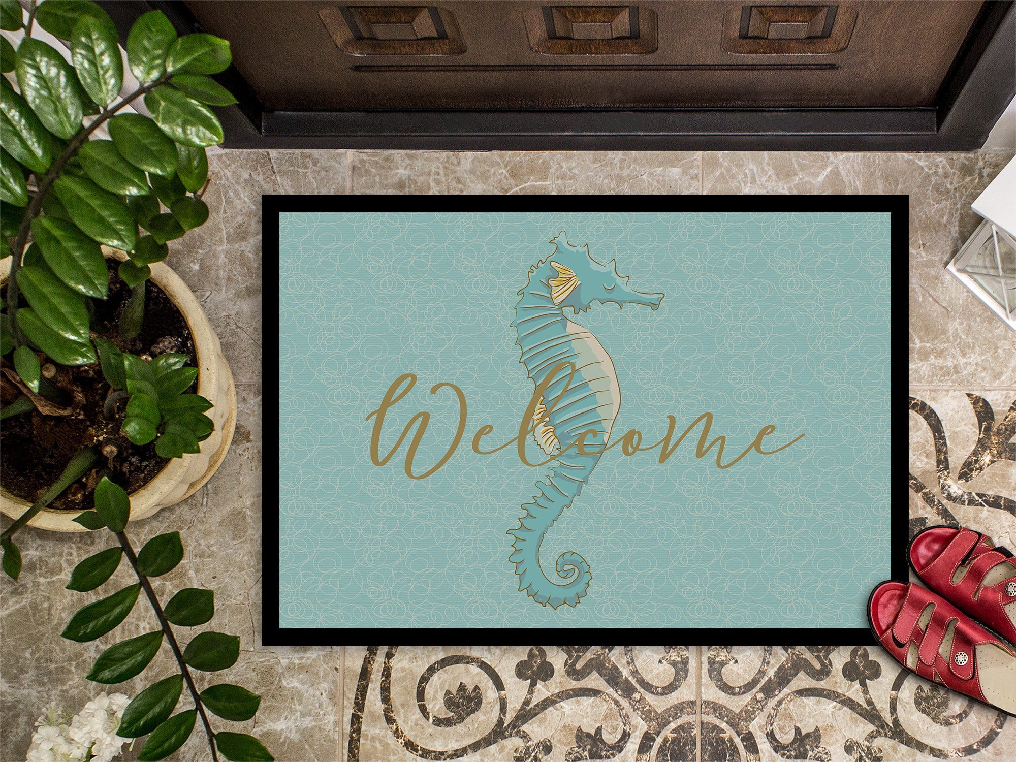 Seahorse Welcome Doormat Indoor Outdoor 24H X 36W Front Door Mat Rugs for Entryway, Non Slip Washable Low Pile,