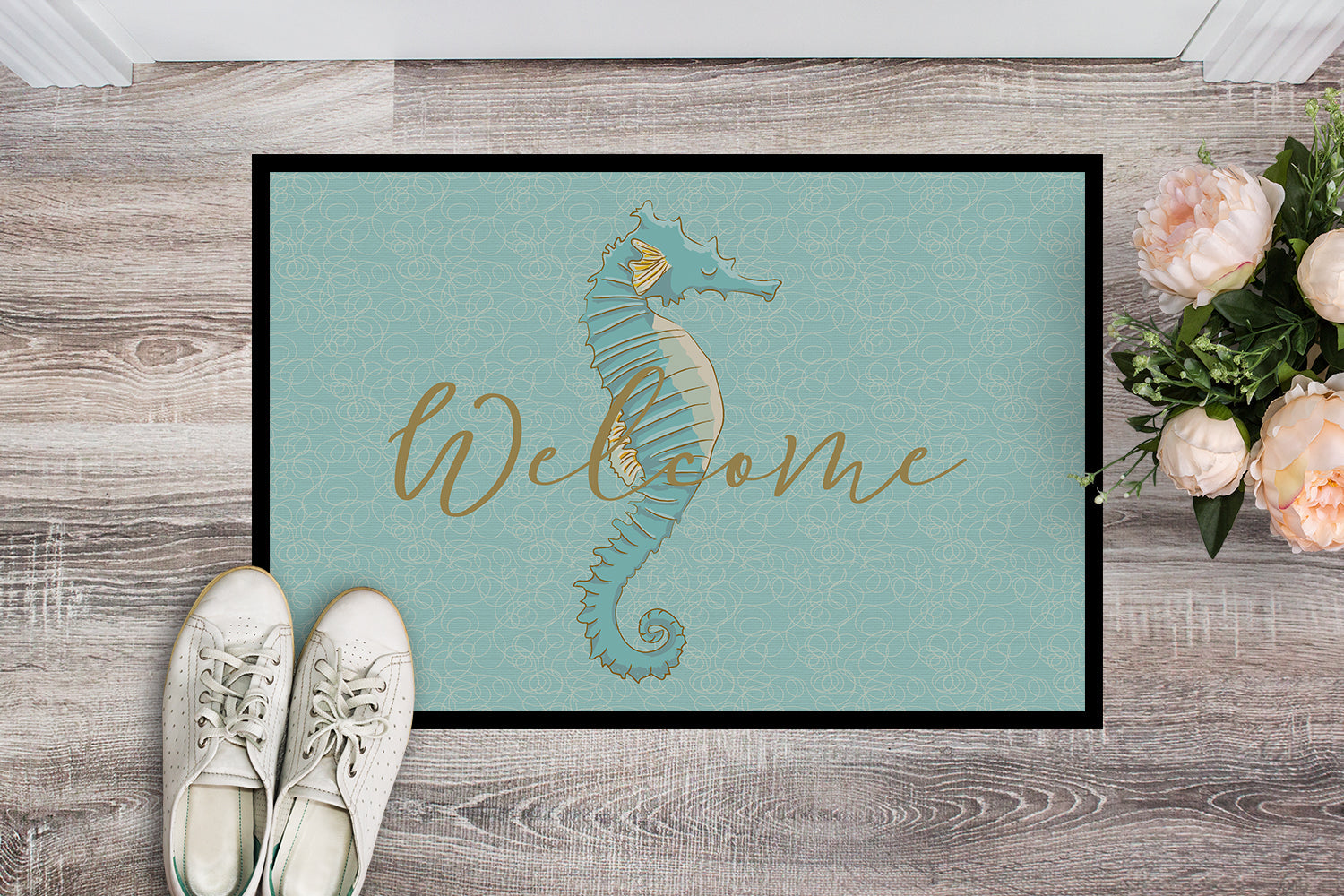 Seahorse Welcome Doormat Indoor Outdoor 18H X 27W Front Door Mat Rugs for Entryway, Non Slip Washable