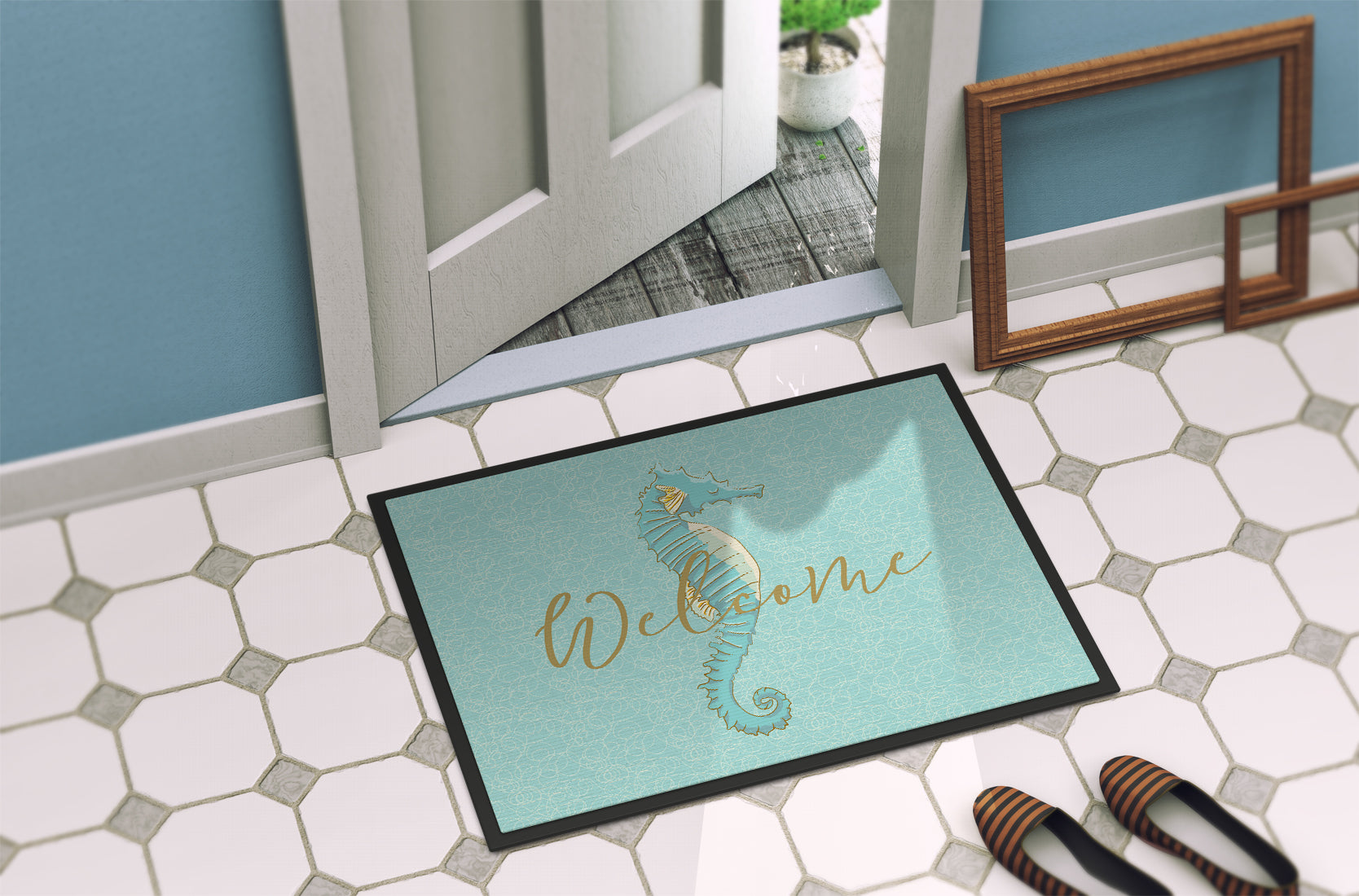 Seahorse Welcome Doormat Indoor Outdoor 18H X 27W Front Door Mat Rugs for Entryway, Non Slip Washable