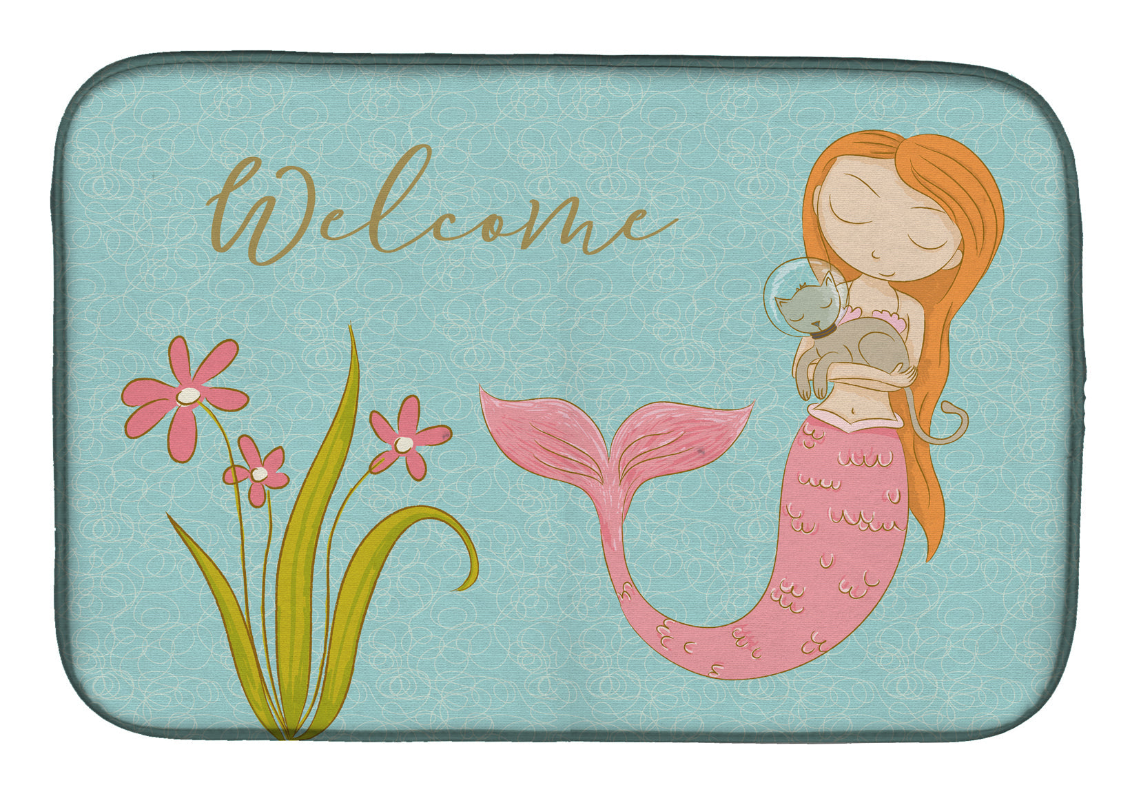 Mermaid with Cat Welcome Dish Drying Mat Absorbent Dish Drying Mat Pad for Kitchen Counter Dish Drainer Mat for Countertop, 14 x 21", Multicolor