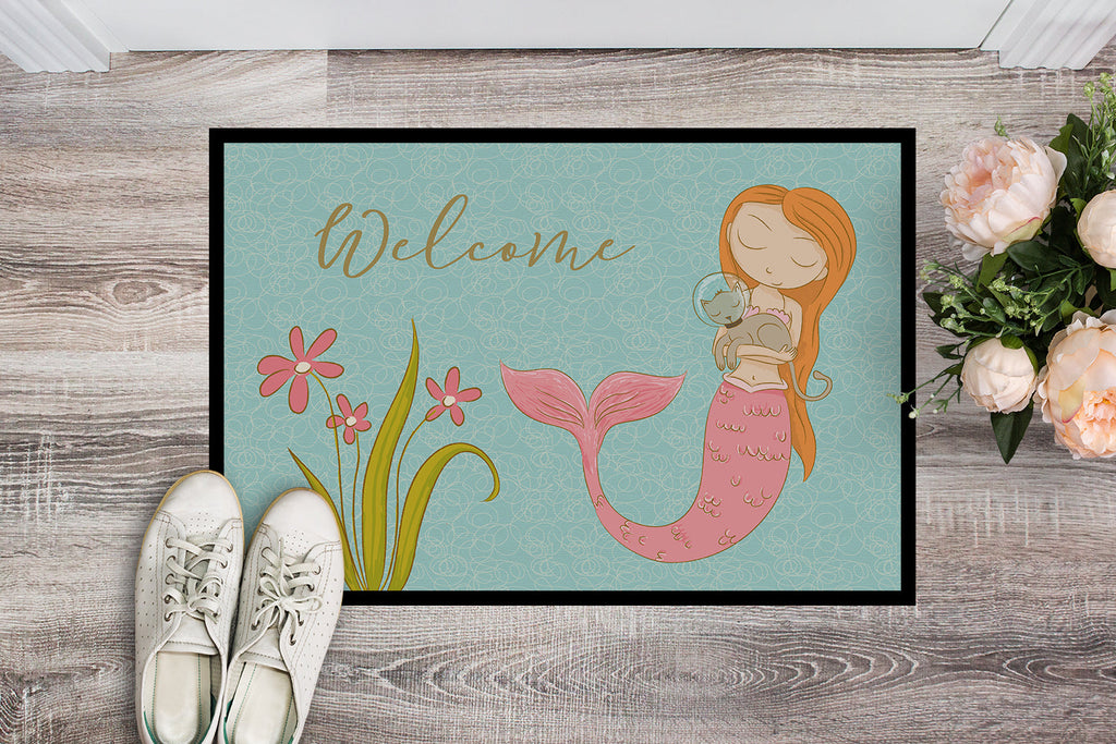 Mermaid with Cat Welcome Doormat Indoor Outdoor 24H X 36W Front Door Mat Rugs for Entryway, Non Slip Washable Low Pile,