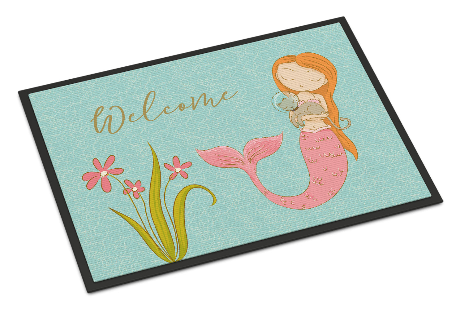 Mermaid with Cat Welcome Doormat Indoor Outdoor 18H X 27W Front Door Mat Rugs for Entryway, Non Slip Washable