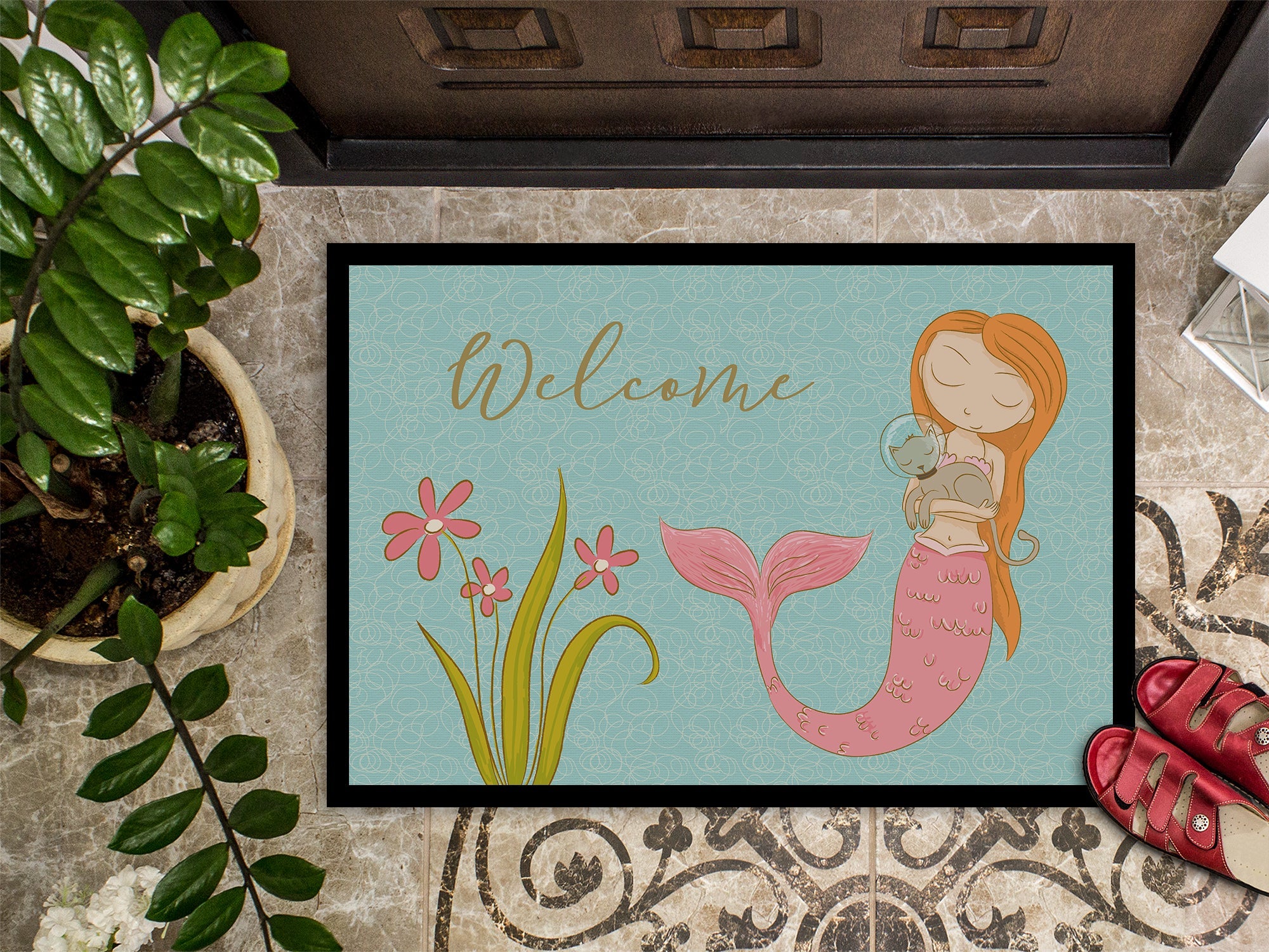 Mermaid with Cat Welcome Doormat Indoor Outdoor 18H X 27W Front Door Mat Rugs for Entryway, Non Slip Washable