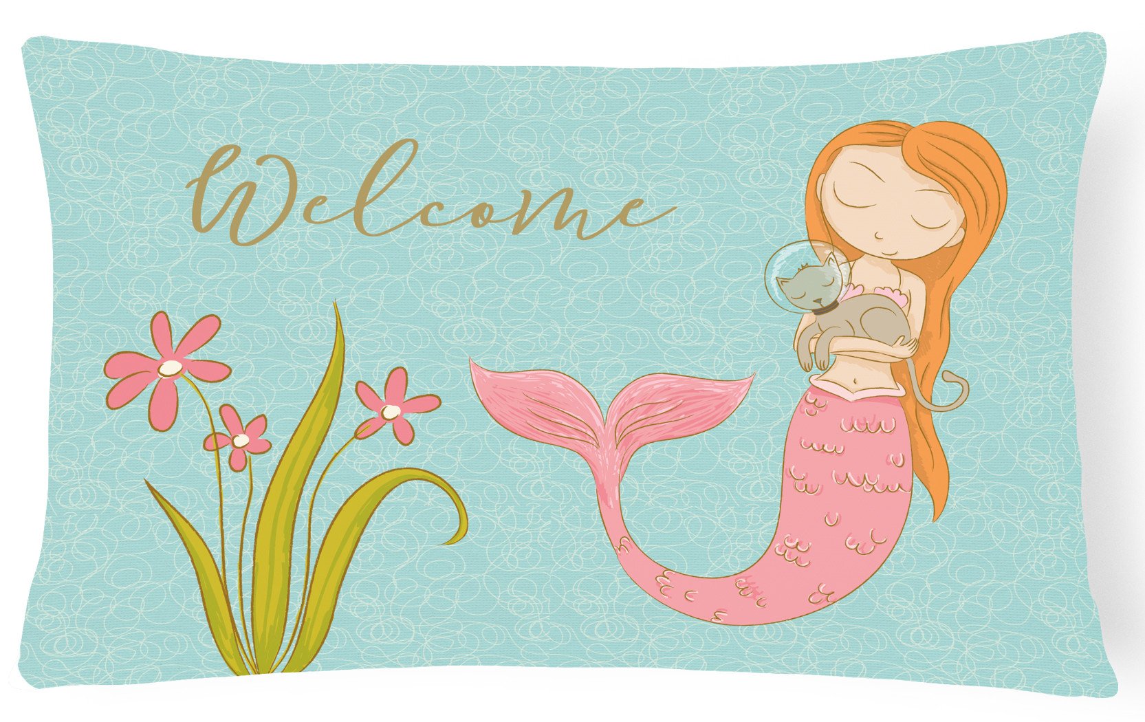 Mermaid with Cat Welcome Decorative Throw Pillow 12x16 Indoor Outdoor Accent Cushion, Fabric Cover with Insert for Sofa, Bed, Porch & Living Room