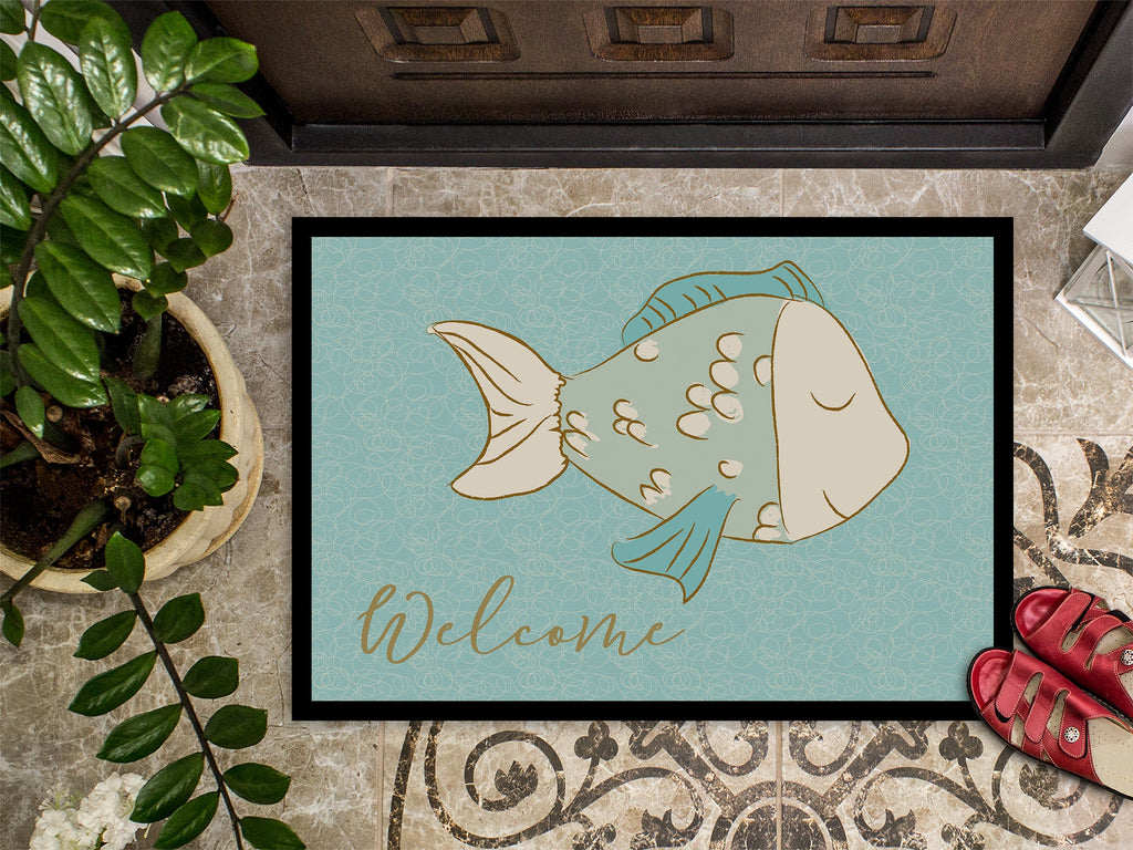 Blue Fish Welcome Doormat Indoor Outdoor 18H X 27W Front Door Mat Rugs for Entryway, Non Slip Washable