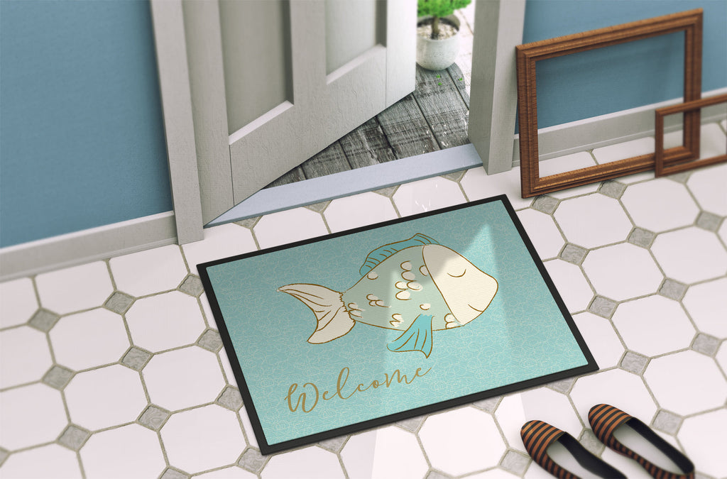 Blue Fish Welcome Doormat Indoor Outdoor 18H X 27W Front Door Mat Rugs for Entryway, Non Slip Washable