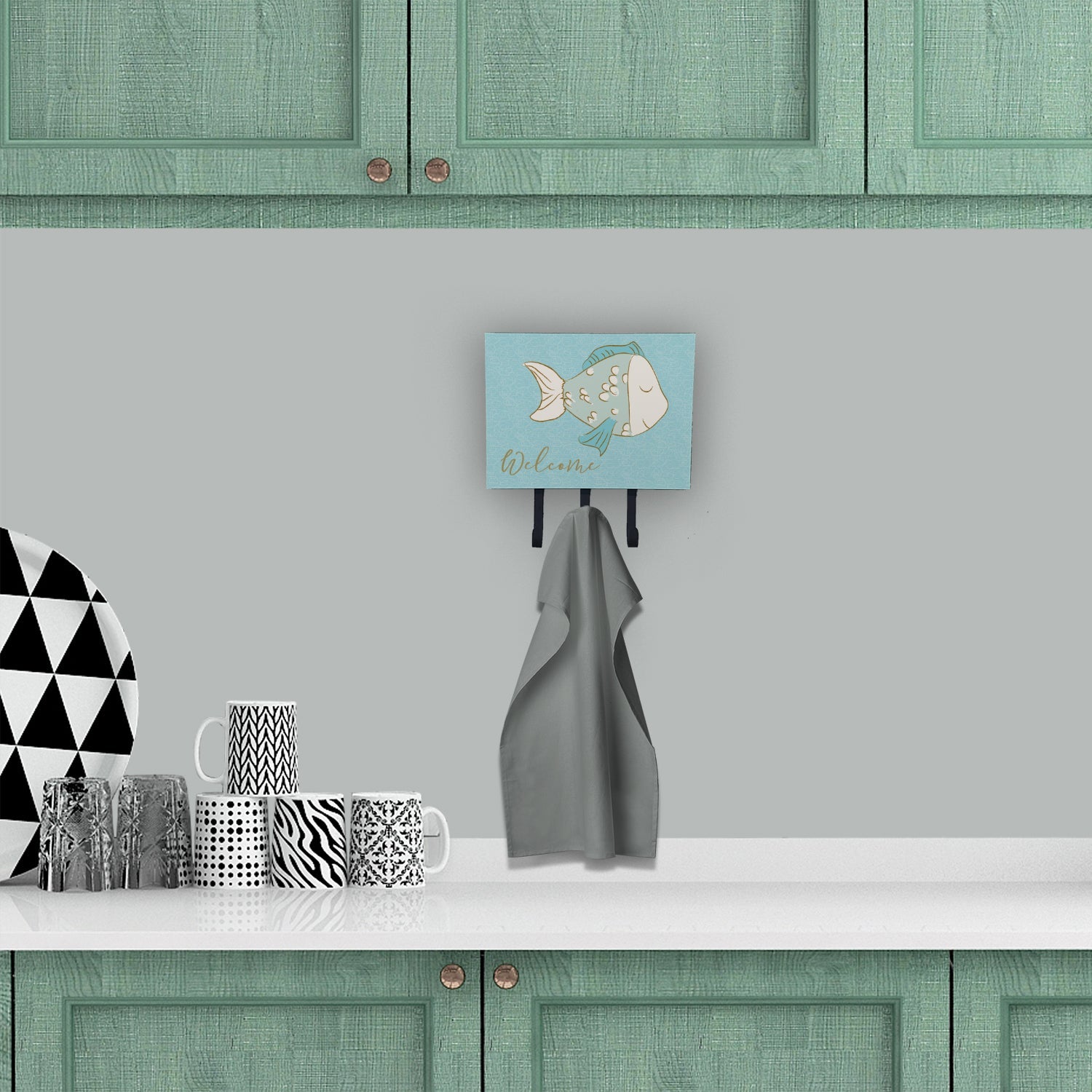 Blue Fish Welcome Leash or Key Holder Wall Hooks, Coat Rack Wall Mount, for Hanging Keys, Towels, Aprons, Leashes