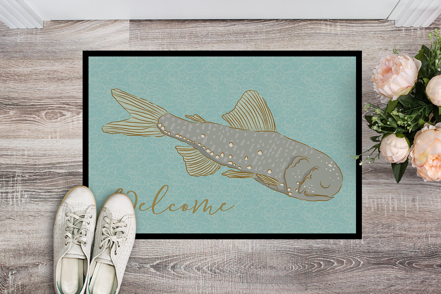 Fish Welcome Doormat Indoor Outdoor 24H X 36W Front Door Mat Rugs for Entryway, Non Slip Washable Low Pile,