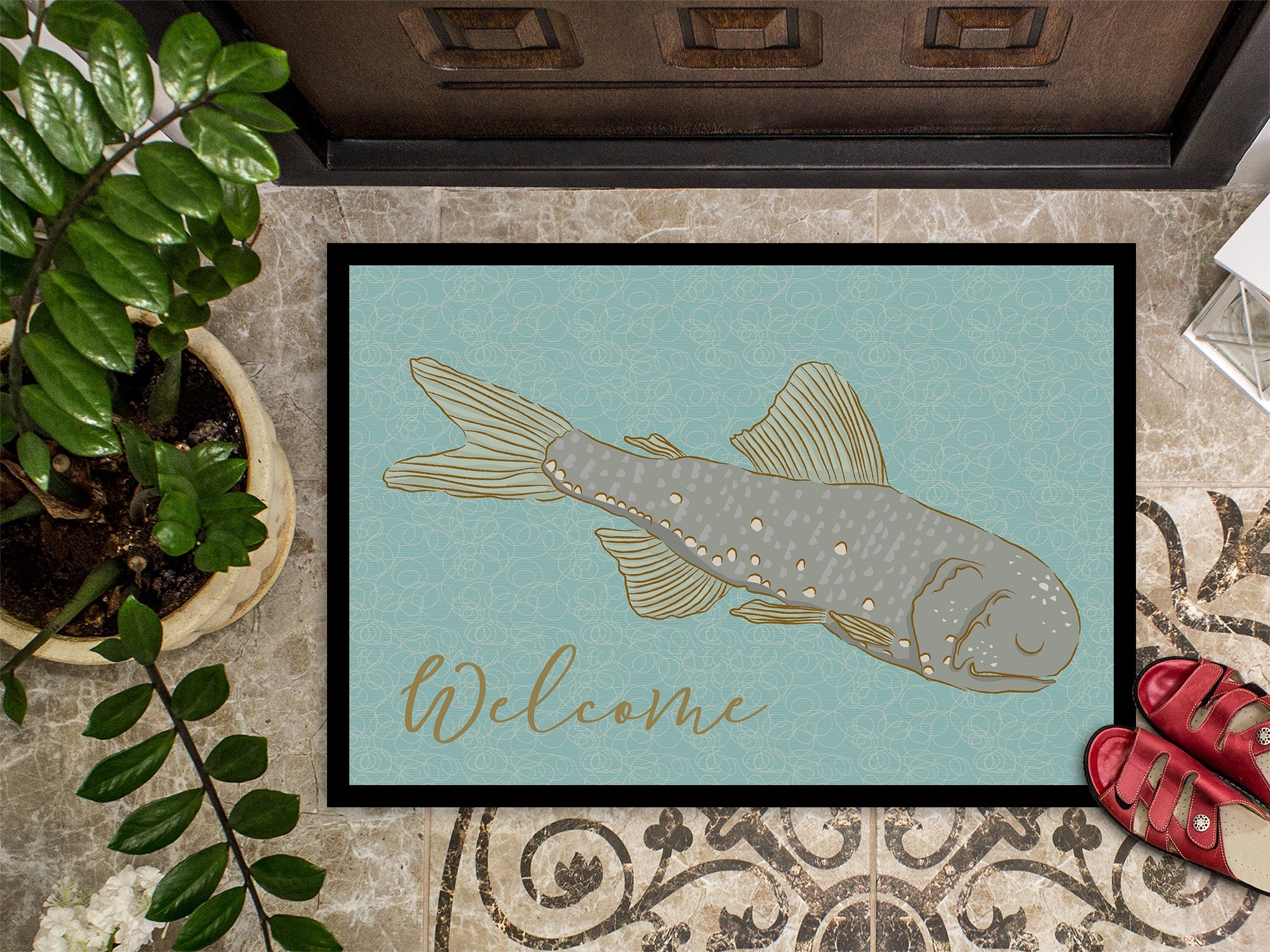 Fish Welcome Doormat Indoor Outdoor 18H X 27W Front Door Mat Rugs for Entryway, Non Slip Washable
