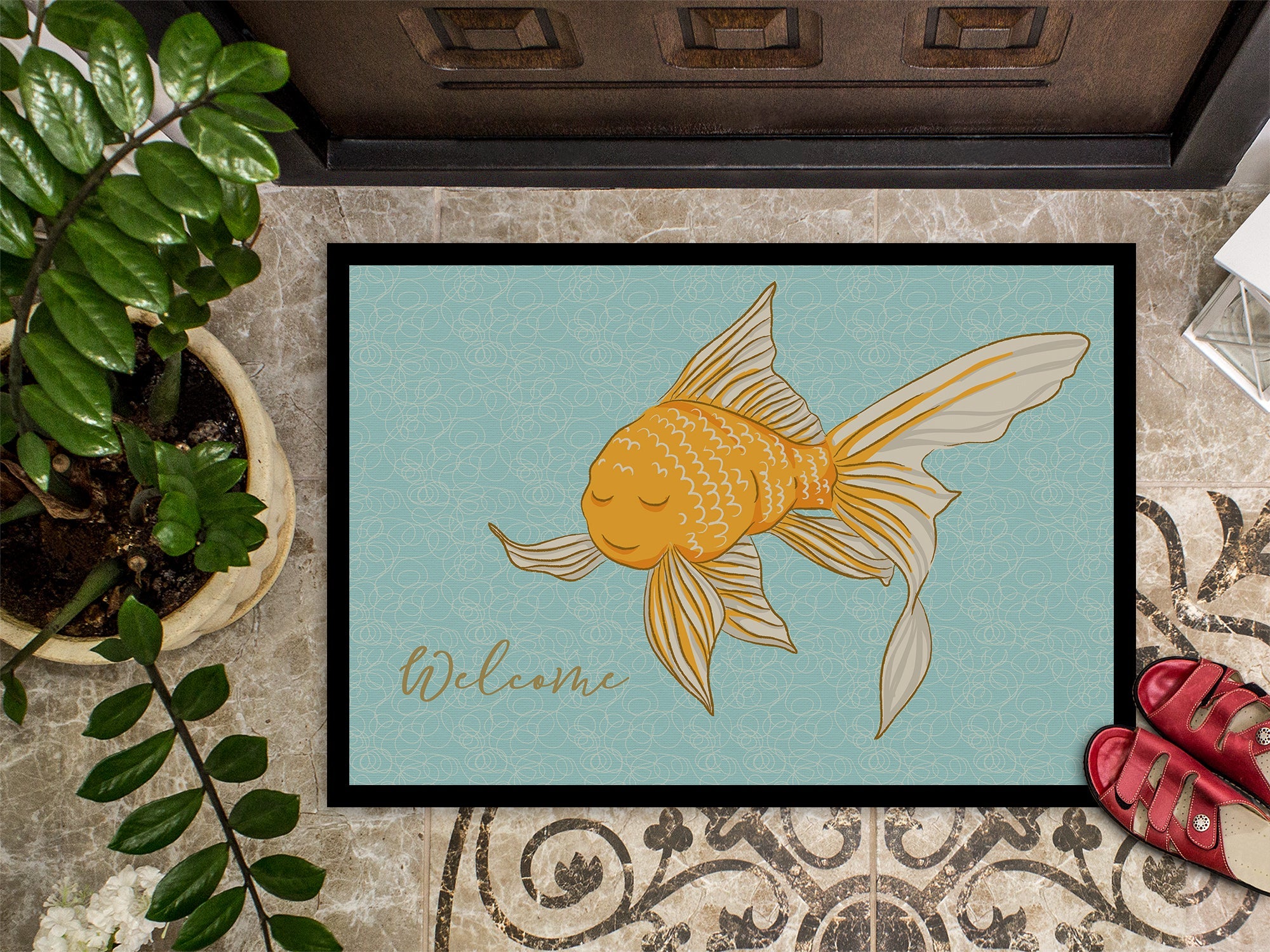Gold Fish Welcome Doormat Indoor Outdoor 18H X 27W Front Door Mat Rugs for Entryway, Non Slip Washable