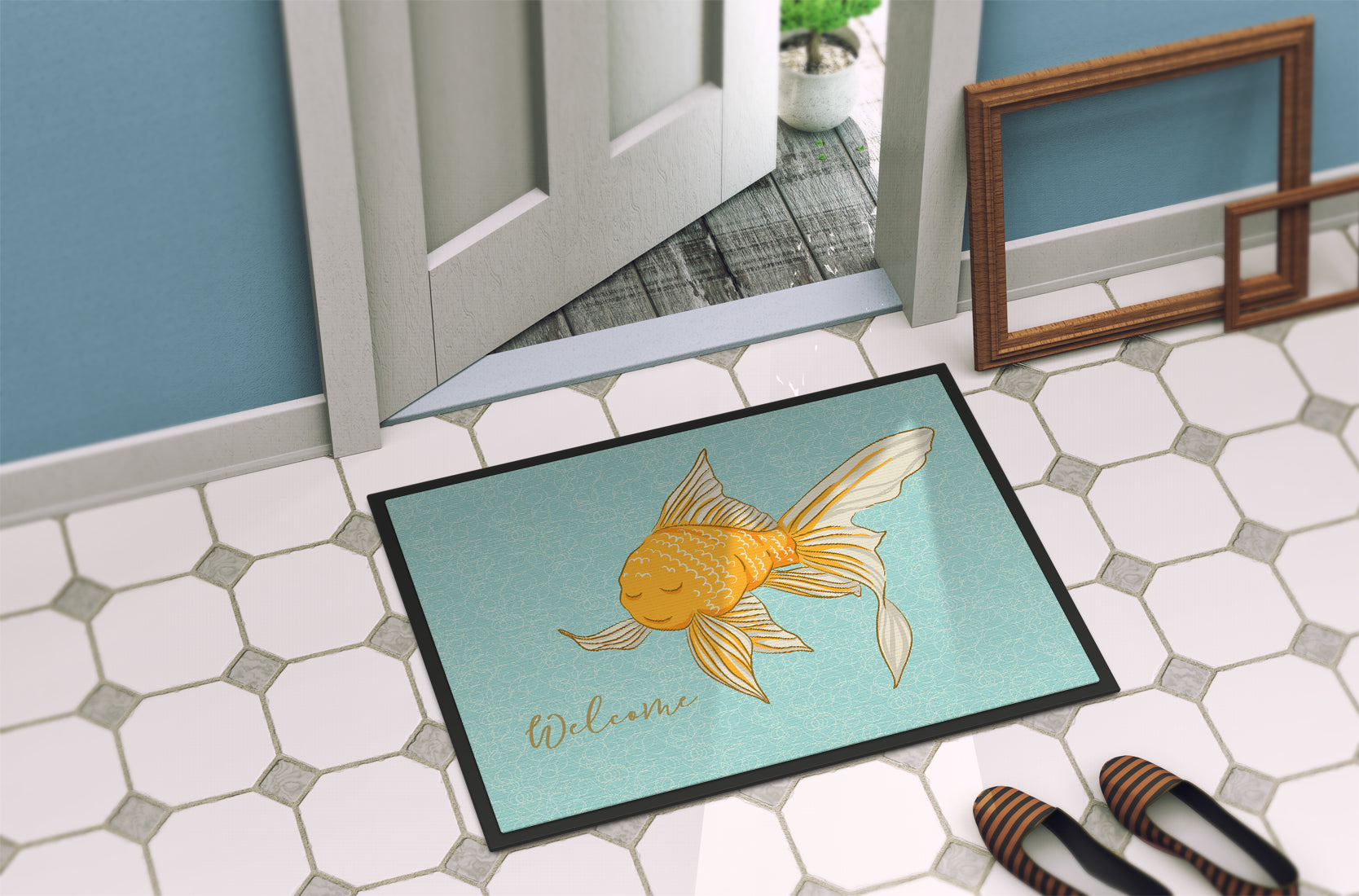 Gold Fish Welcome Doormat Indoor Outdoor 18H X 27W Front Door Mat Rugs for Entryway, Non Slip Washable