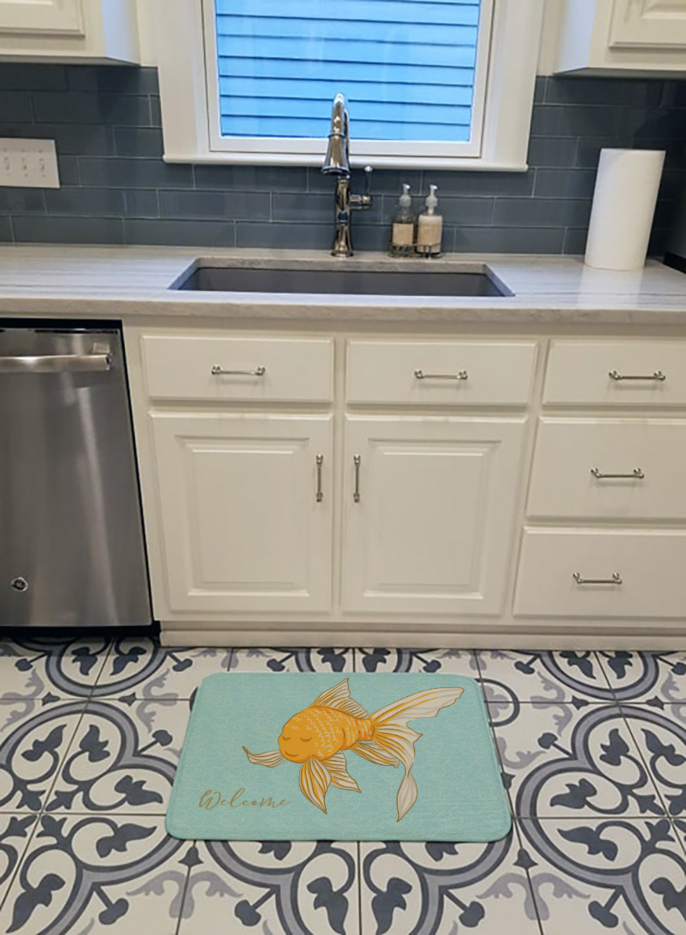 Gold Fish Welcome Memory Foam Kitchen Mat Machine Washable Anti-Fatigue Cushion Comfort Bath or Kitchen Rug