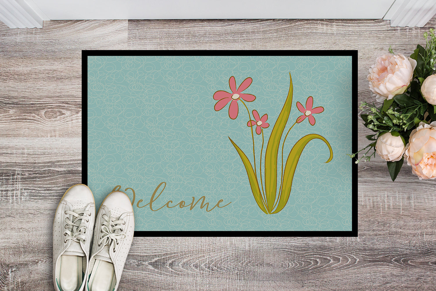 Flowers Welcome Doormat Indoor Outdoor 24H X 36W Front Door Mat Rugs for Entryway, Non Slip Washable Low Pile,