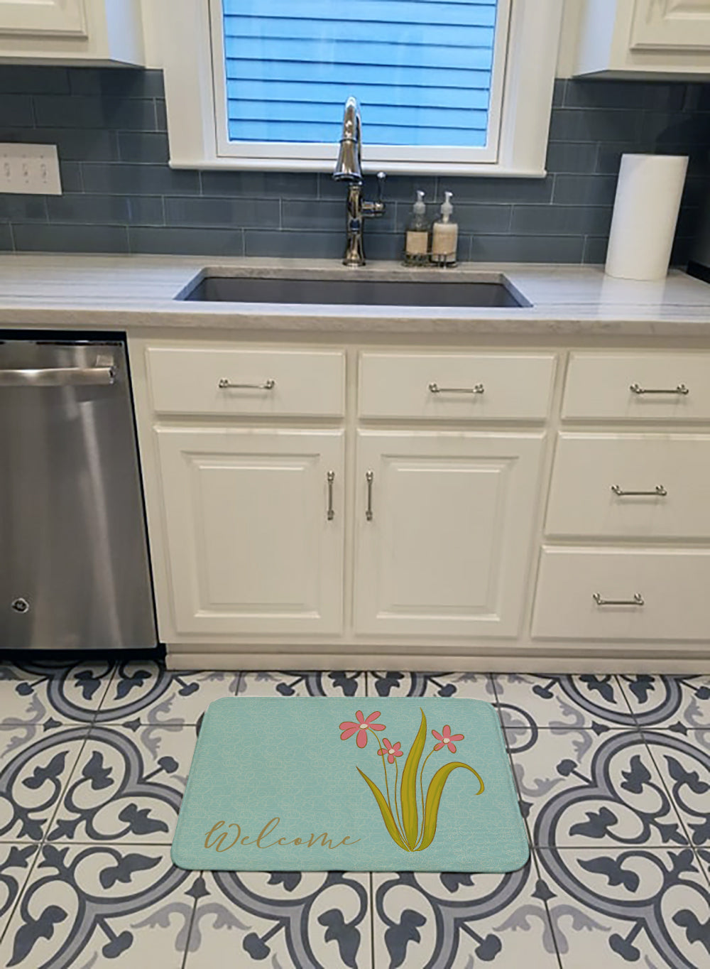 Flowers Welcome Memory Foam Kitchen Mat Machine Washable Anti-Fatigue Cushion Comfort Bath or Kitchen Rug