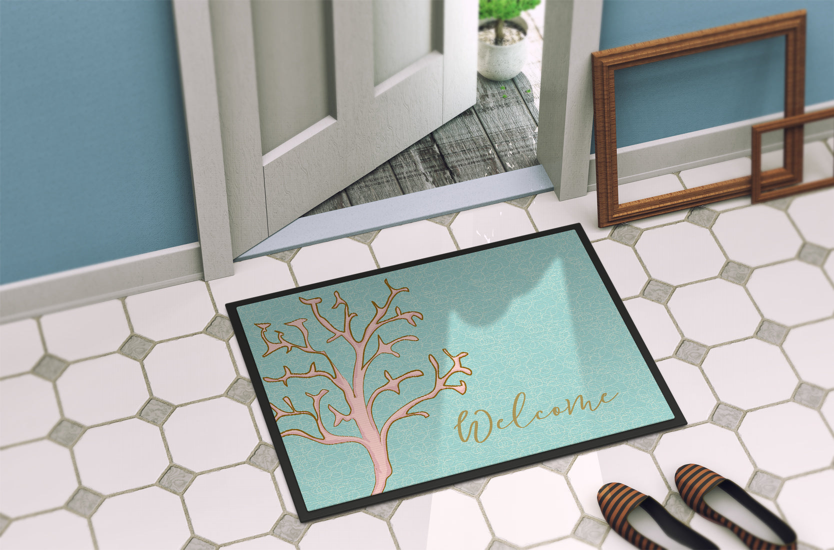 Coral Welcome Doormat Indoor Outdoor 24H X 36W Front Door Mat Rugs for Entryway, Non Slip Washable Low Pile,