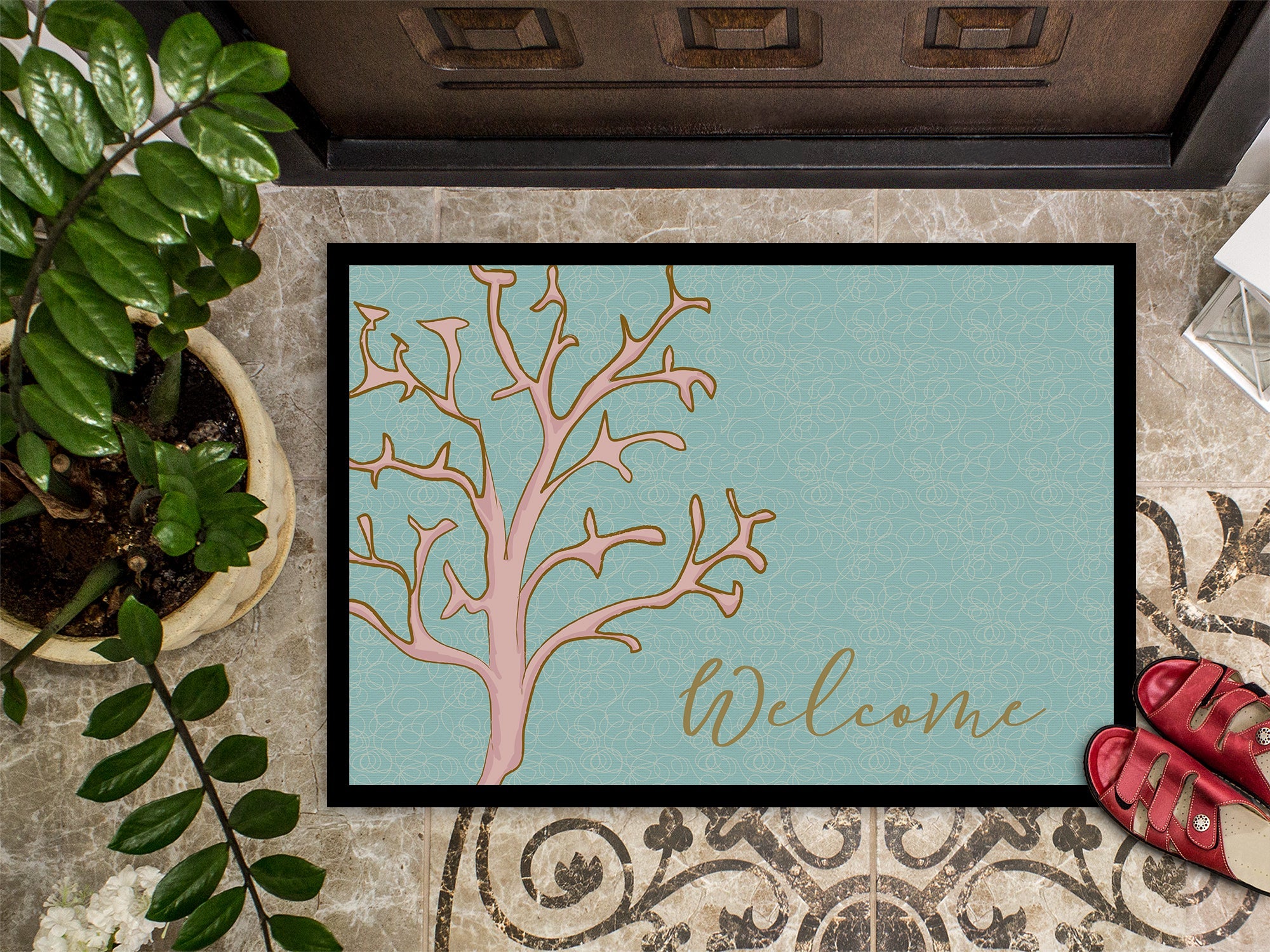 Coral Welcome Doormat Indoor Outdoor 18H X 27W Front Door Mat Rugs for Entryway, Non Slip Washable