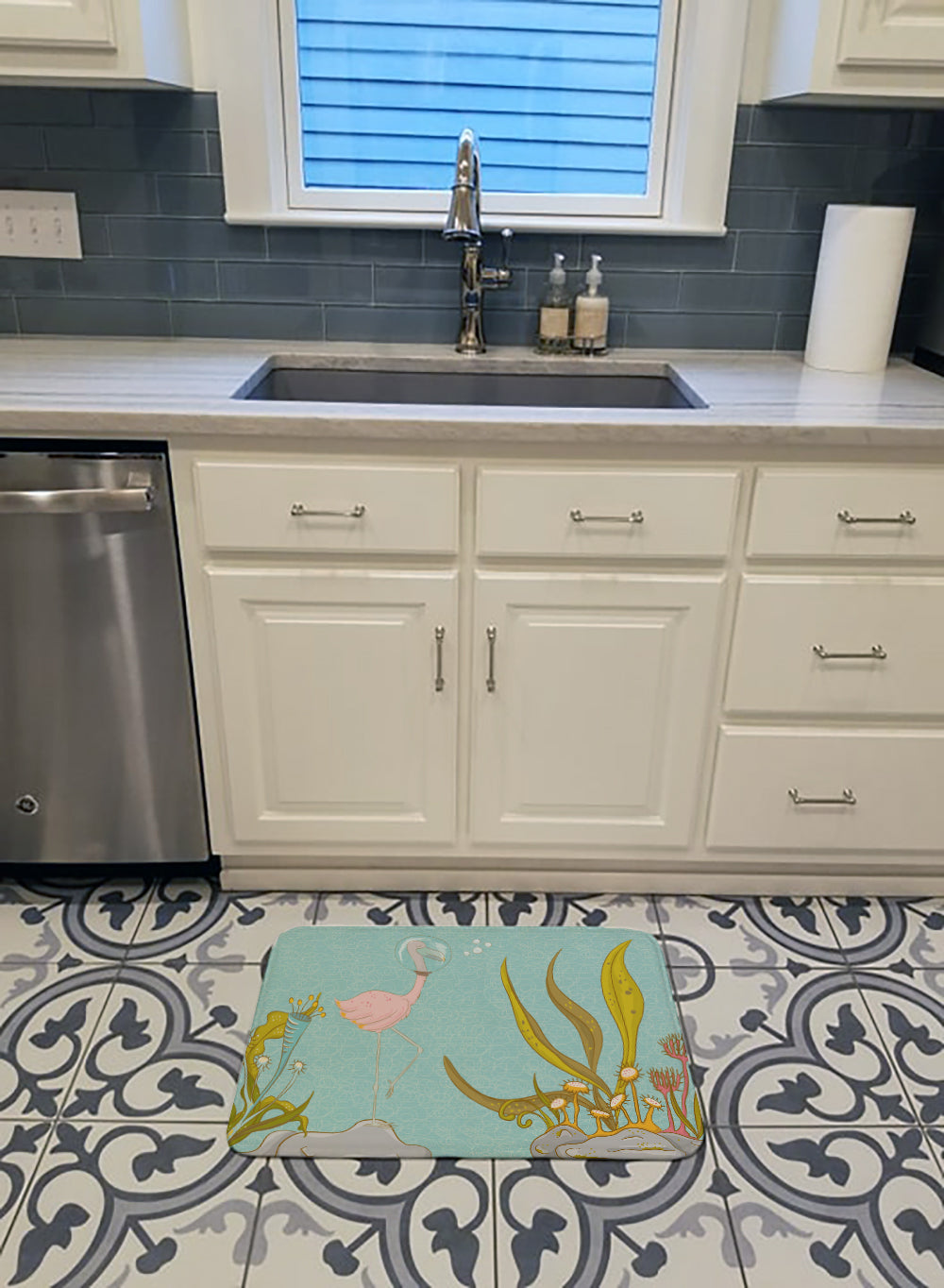 Flamingo Underwater #2 Memory Foam Kitchen Mat Machine Washable Anti-Fatigue Cushion Comfort Bath or Kitchen Rug