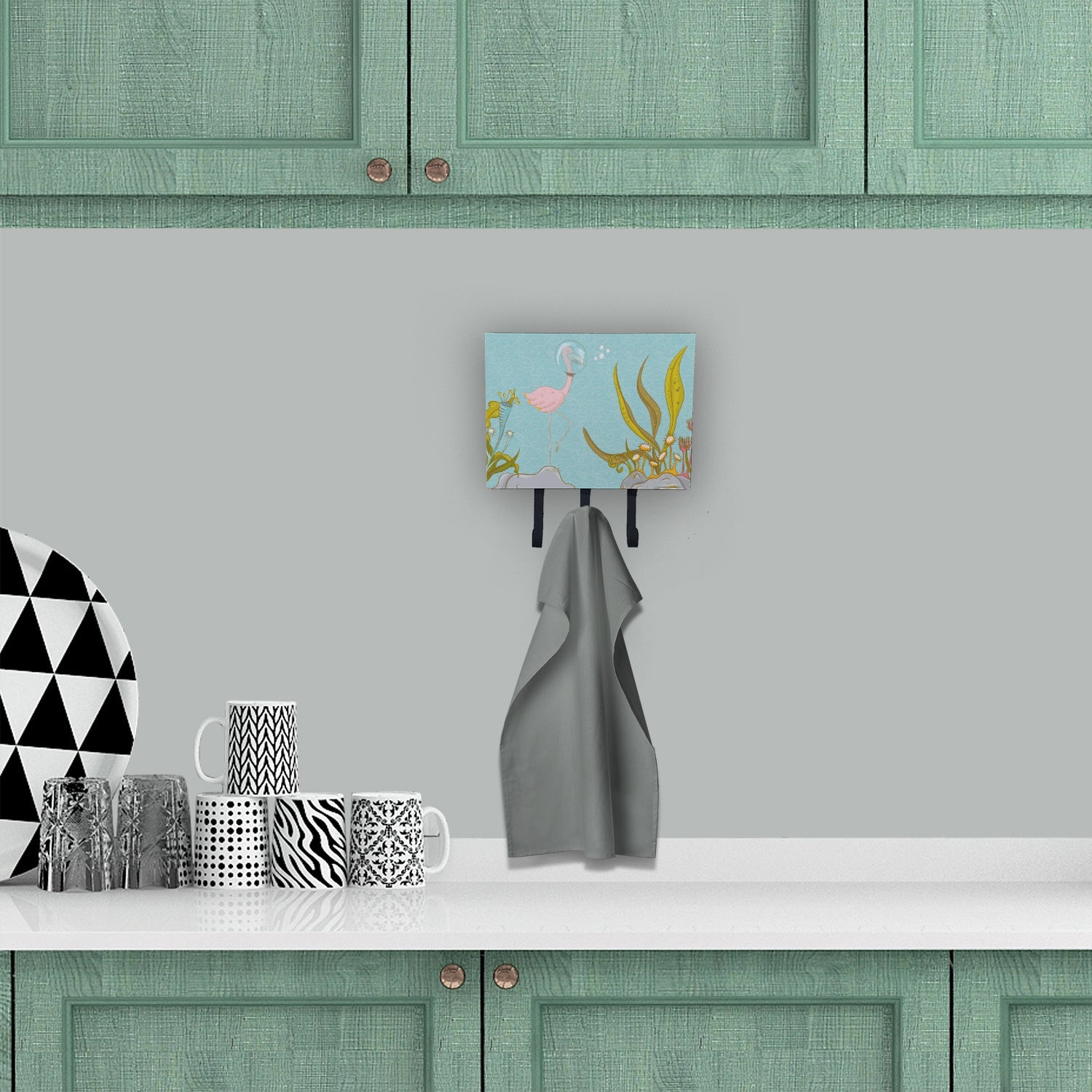 Flamingo Underwater #2 Leash or Key Holder Wall Hooks, Coat Rack Wall Mount, for Hanging Keys, Towels, Aprons, Leashes