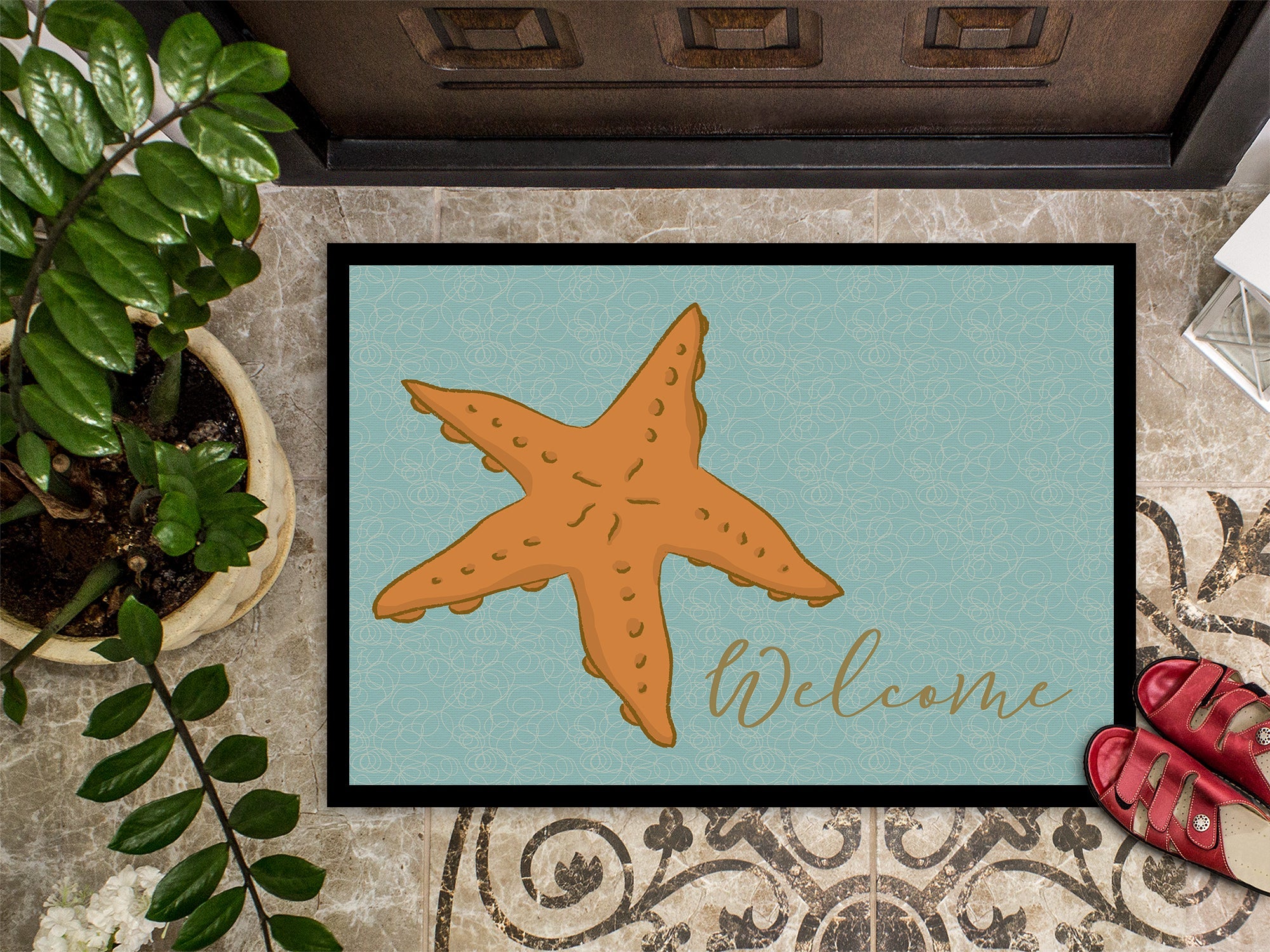 Starfish Welcome Doormat Indoor Outdoor 24H X 36W Front Door Mat Rugs for Entryway, Non Slip Washable Low Pile,