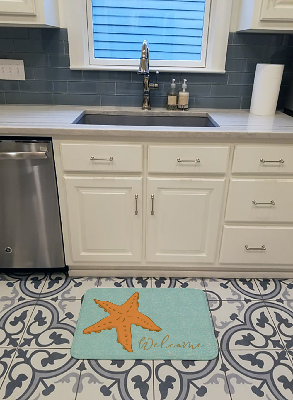 Starfish Welcome Memory Foam Kitchen Mat Machine Washable Anti-Fatigue Cushion Comfort Bath or Kitchen Rug