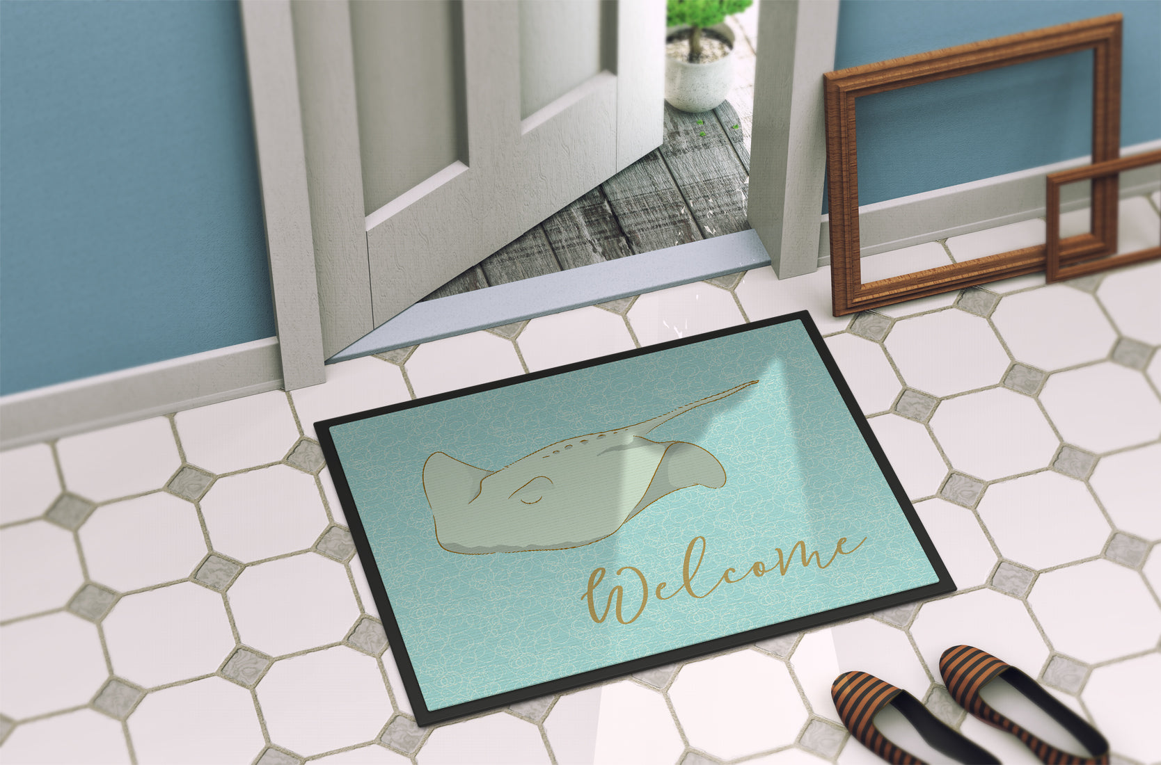 Sting Ray Welcome Doormat Indoor Outdoor 24H X 36W Front Door Mat Rugs for Entryway, Non Slip Washable Low Pile,