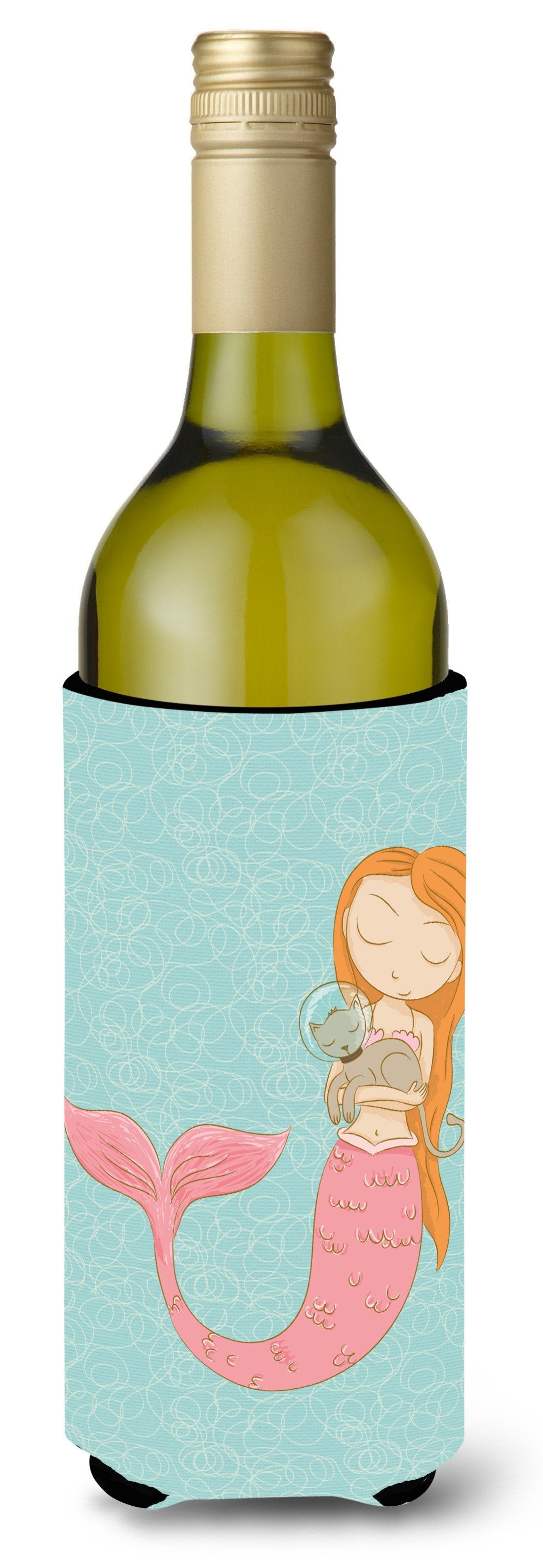 Mermaid with Cat Wine Bottle Hugger Gift Sleeve for Standard 750 ml Bottles, Insulated Reusable Also Fits Mini Shot & Pint Bottles