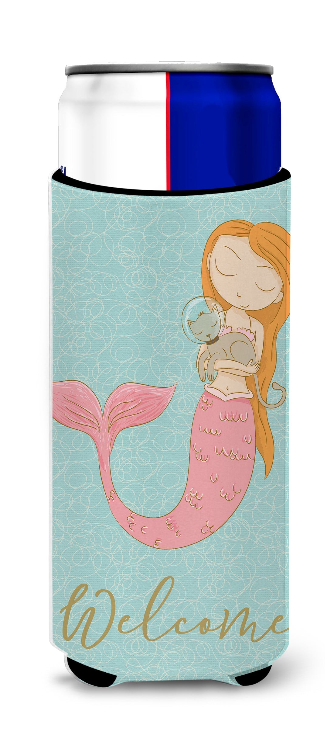 Mermaid with Cat Slim Can Hugger , Insulated Foam Hugger for 12 oz Slim Cans, Beer Bottles & Water Bottles, Printed in USA