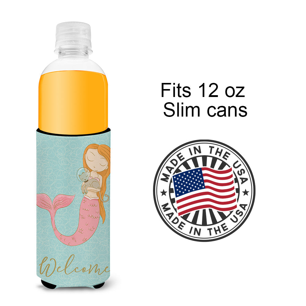 Mermaid with Cat Slim Can Hugger , Insulated Foam Hugger for 12 oz Slim Cans, Beer Bottles & Water Bottles, Printed in USA